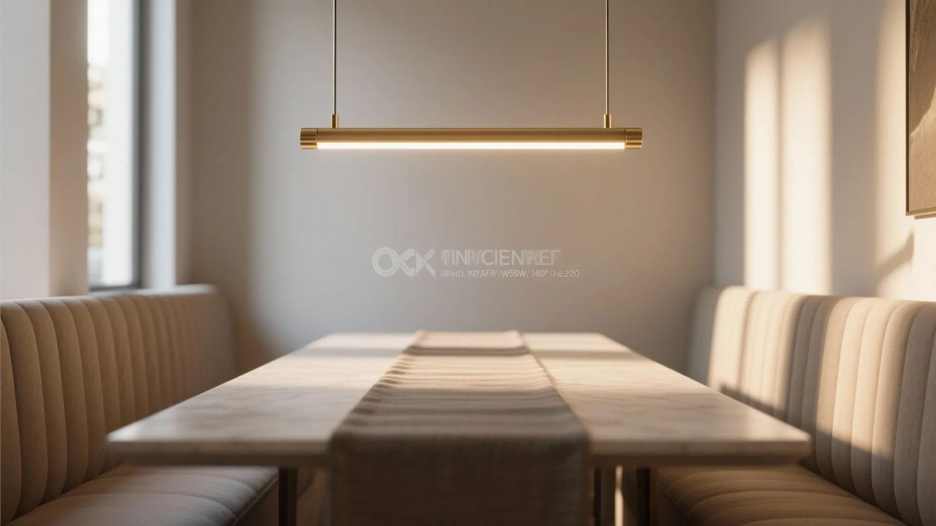 Long gold ceiling light hanging over a marble dining table with comfortable soft bench seating