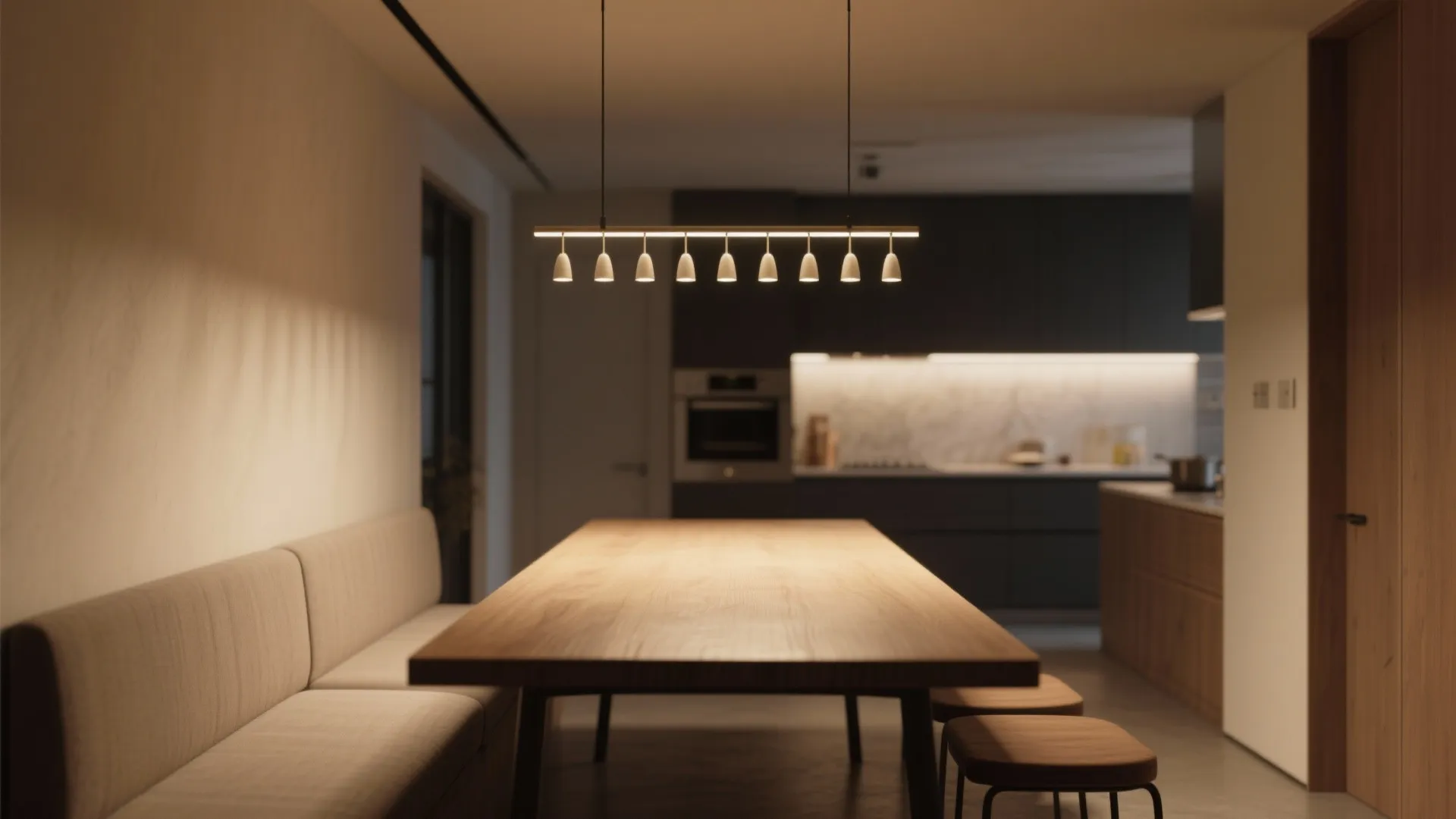 Narrow dining table with a slim linear mini chandelier centered above, providing even illumination across the surface.