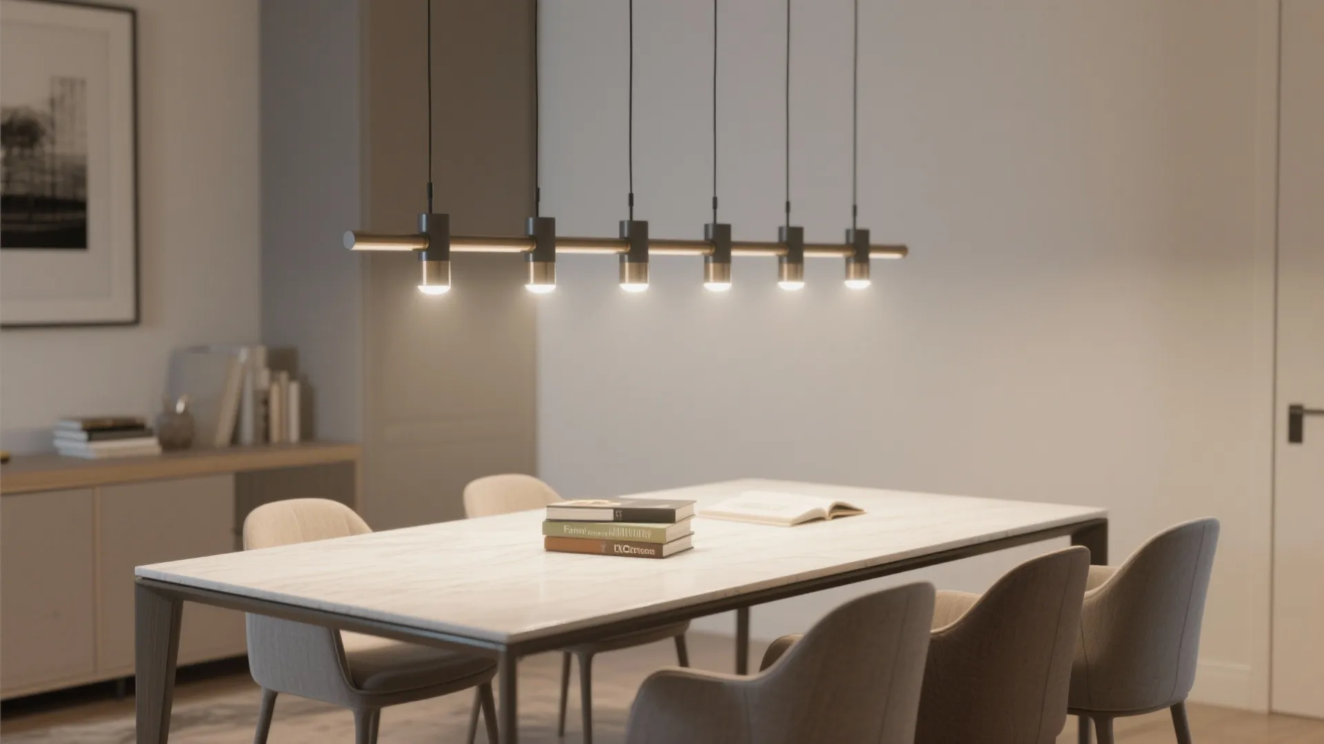 Modern horizontal black light fixture with multiple bulbs over white dining table and grey chairs