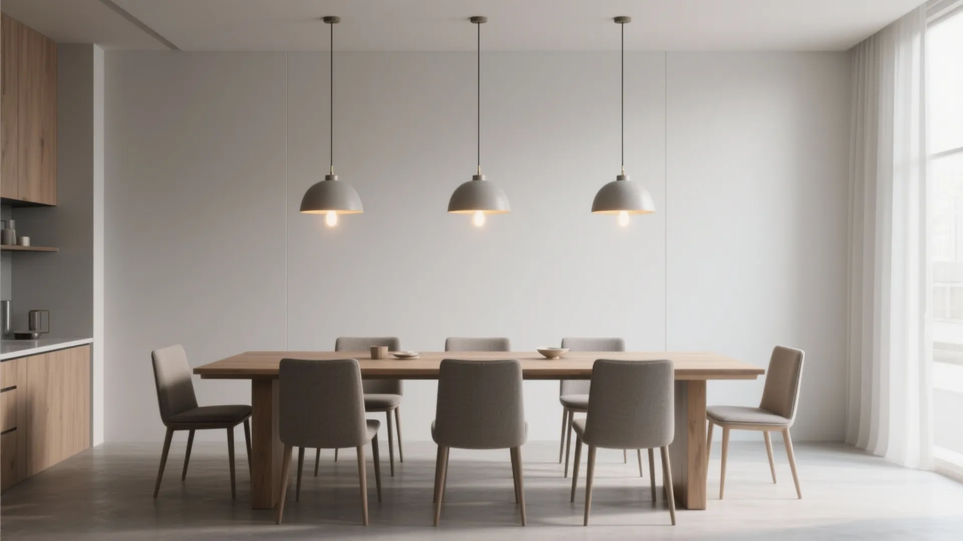 Modern dining room featuring three grey ceiling lights hanging over a long wooden dining table
