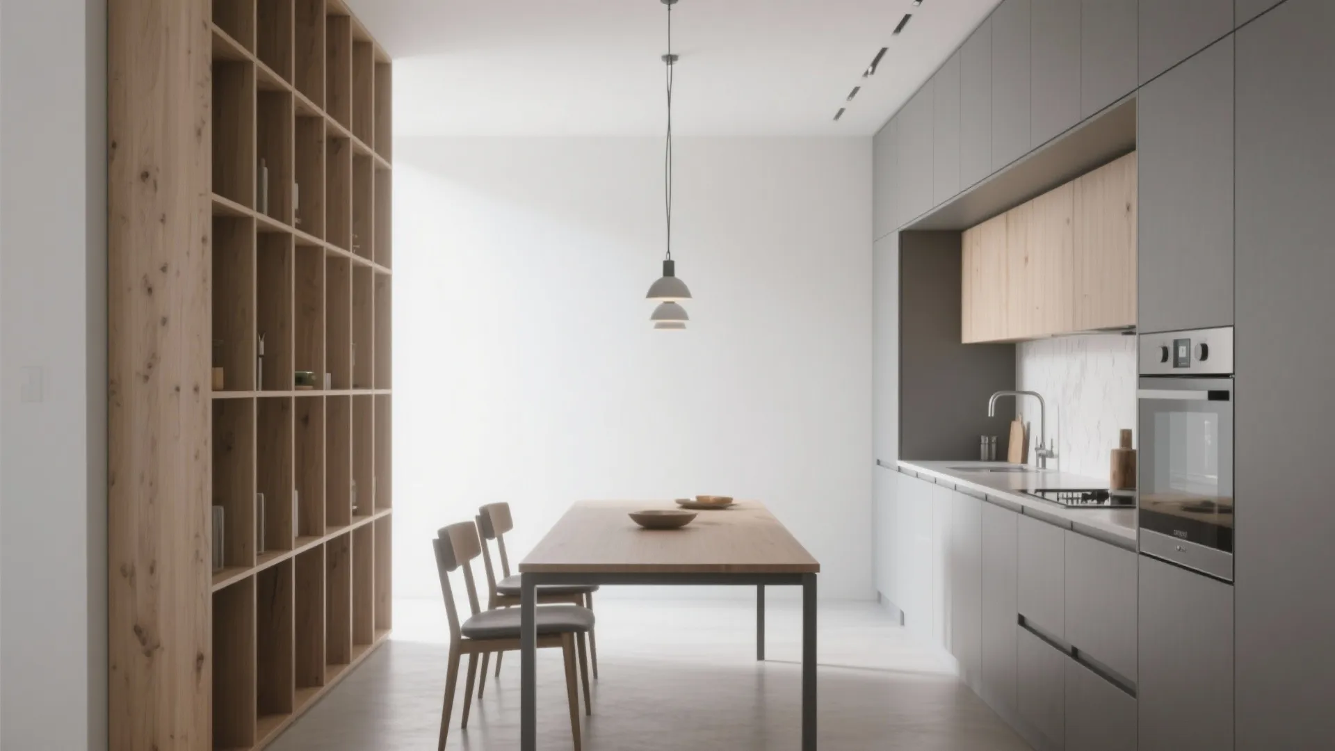Minimalist kitchen with grey cabinets wooden dining table large bookshelf and modern hanging ceiling light fixture