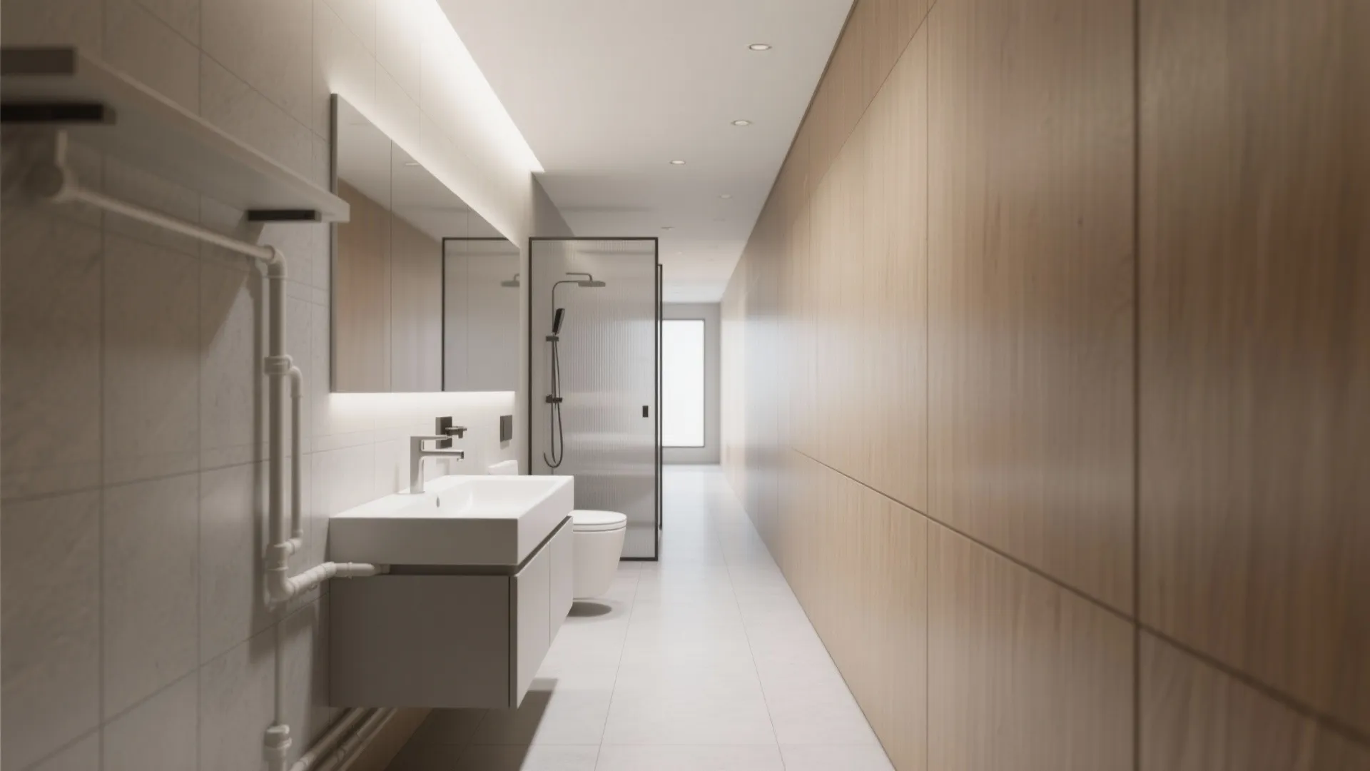 Modern bathroom with white sink, wooden wall panels, toilet, glass shower, and bright ceiling lights