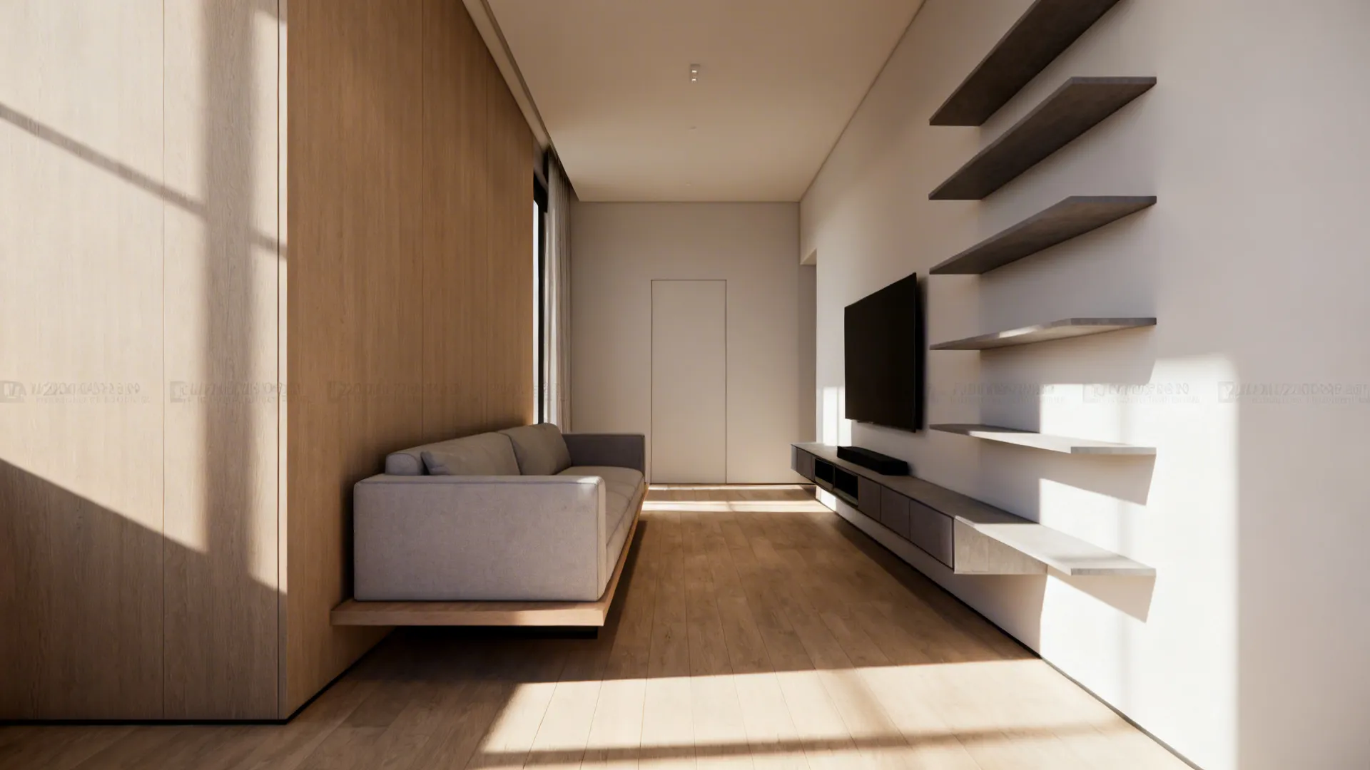 Long narrow living room with furniture anchored along one wall including sofa and wall-mounted shelving