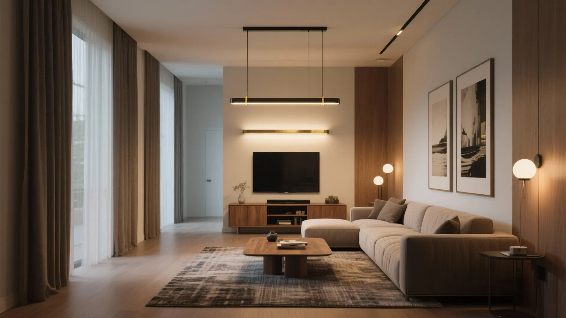 Statement linear chandelier over coffee table