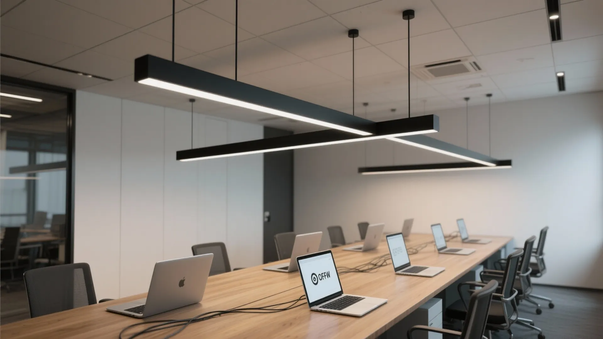1. Statement linear chandelier over a shared desk
