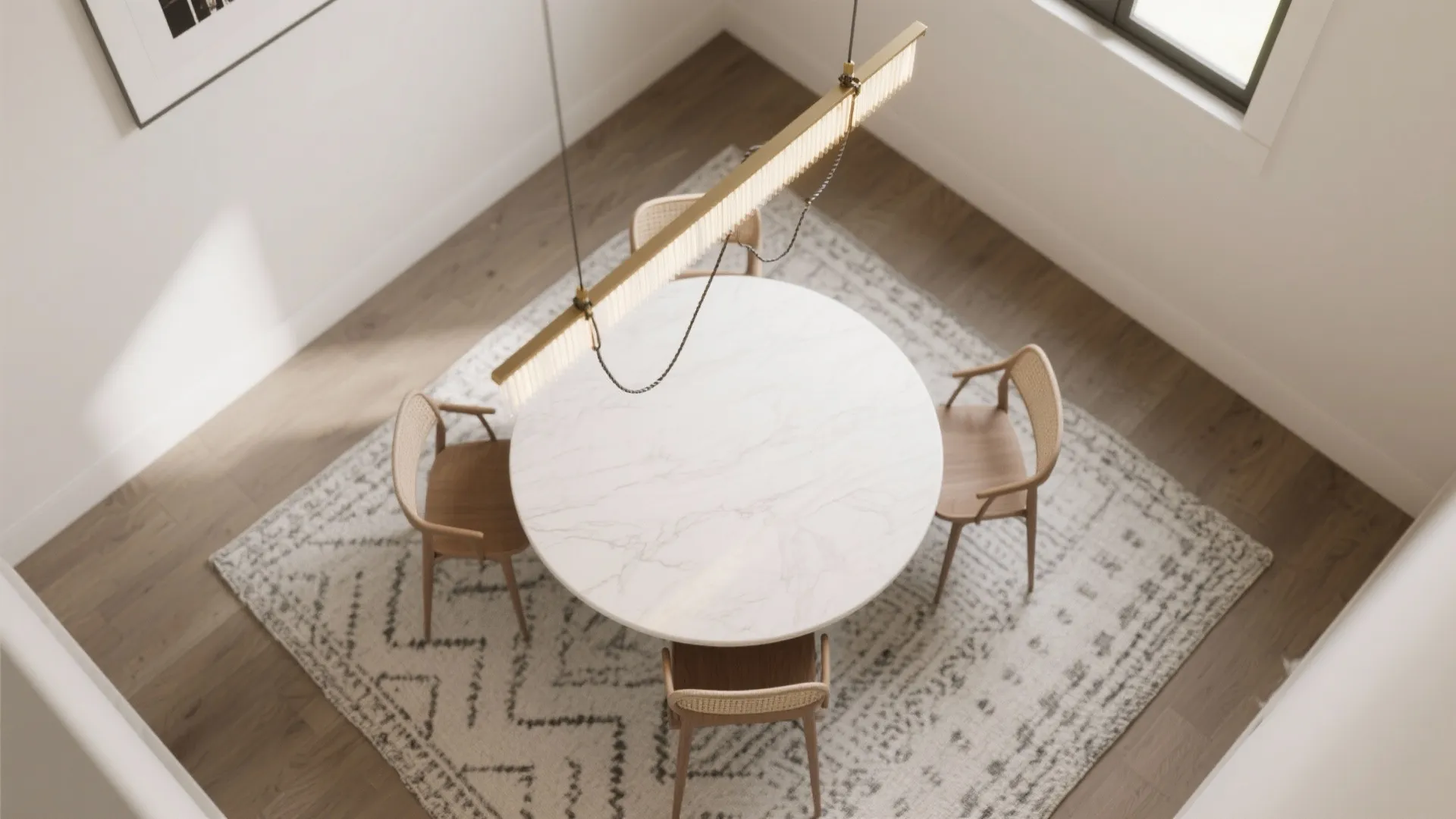 3) Mini linear chandeliers over small dining tables