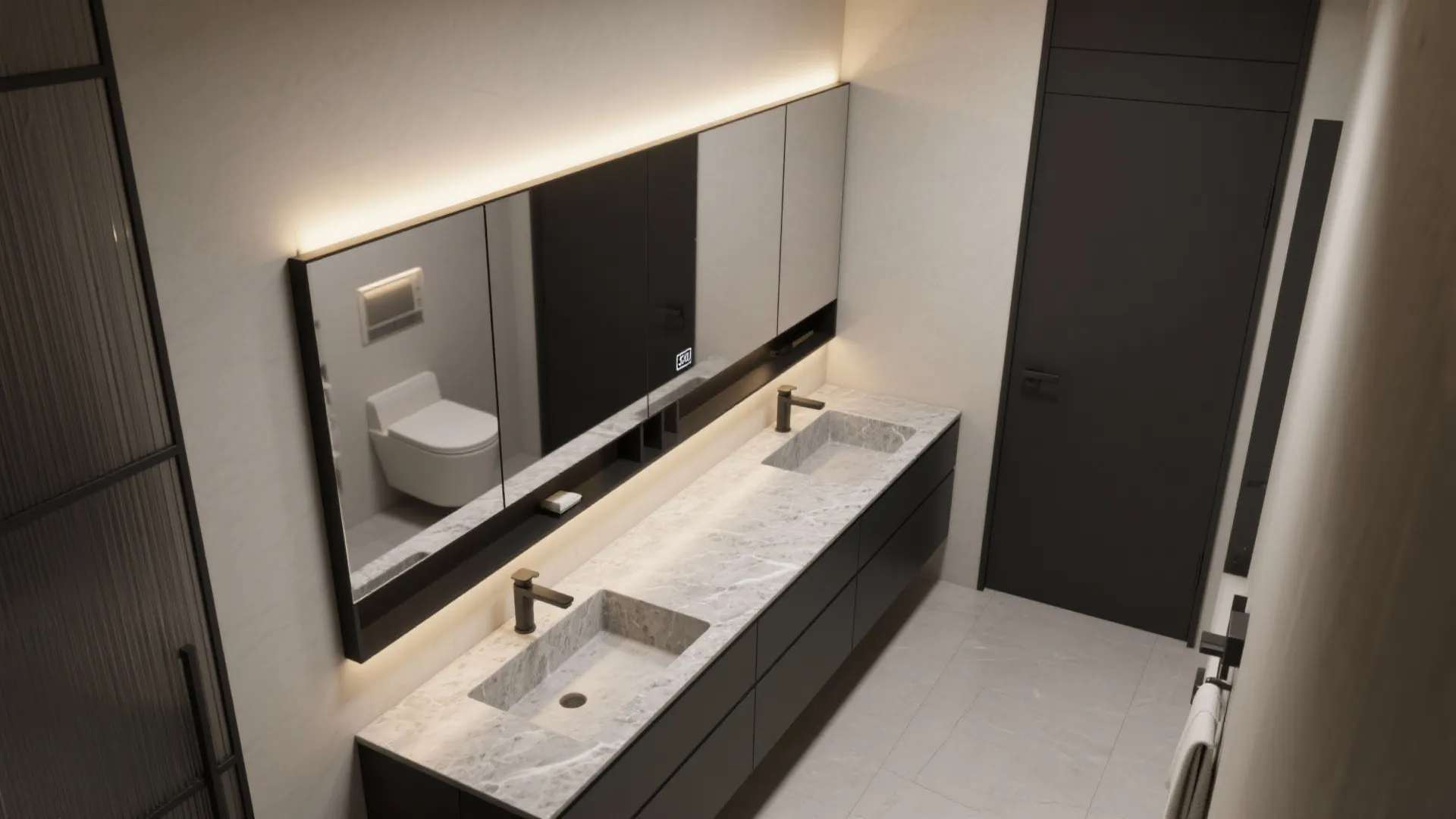 3. Black linear lights over floating vanities