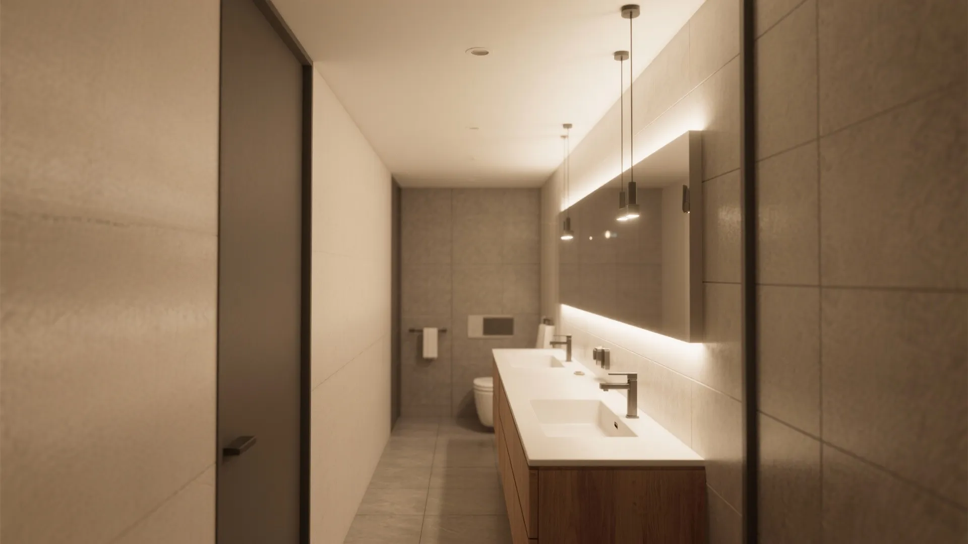 Long bathroom with wooden cabinet and double sinks under a large mirror with warm lights