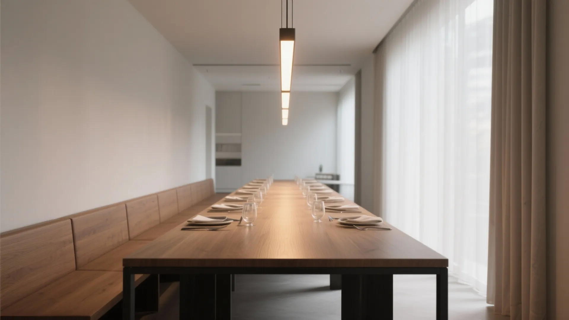 Long wooden dining table with plates and a modern linear ceiling light in minimalist room