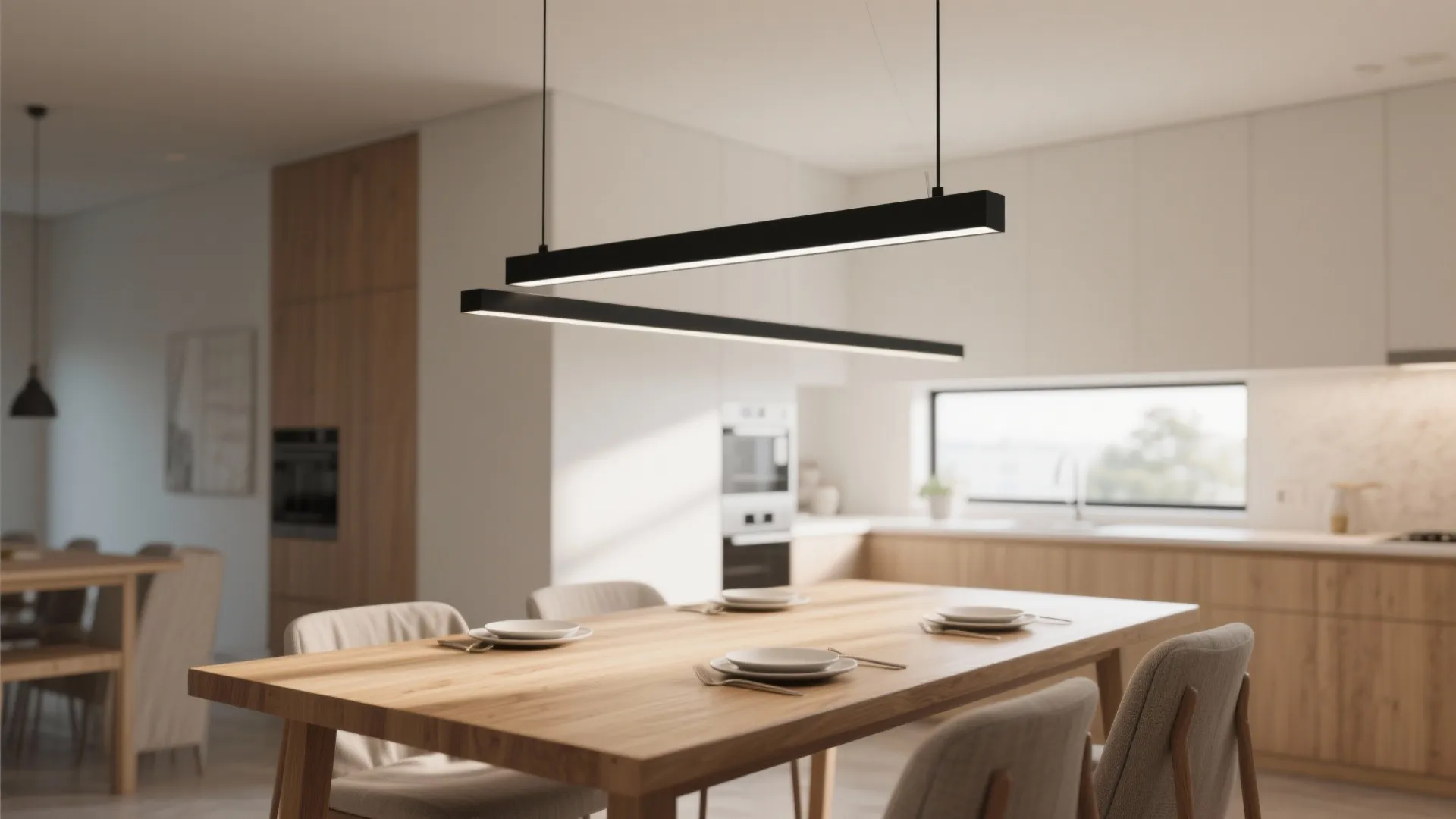 Slim linear pendant lighting evenly illuminating a long dining table in a minimalist open-plan kitchen.