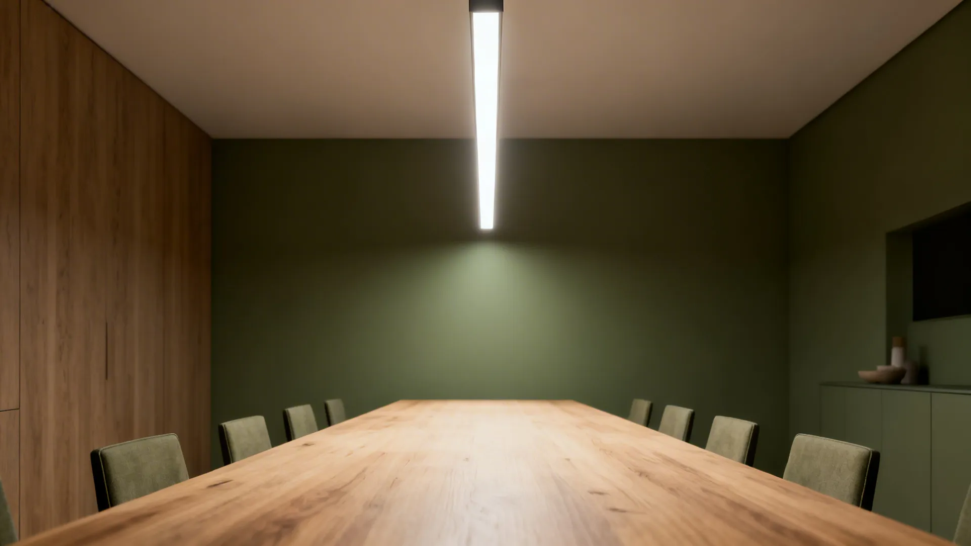 Long narrow dining table lit evenly by a slim linear pendant in a minimalist interior