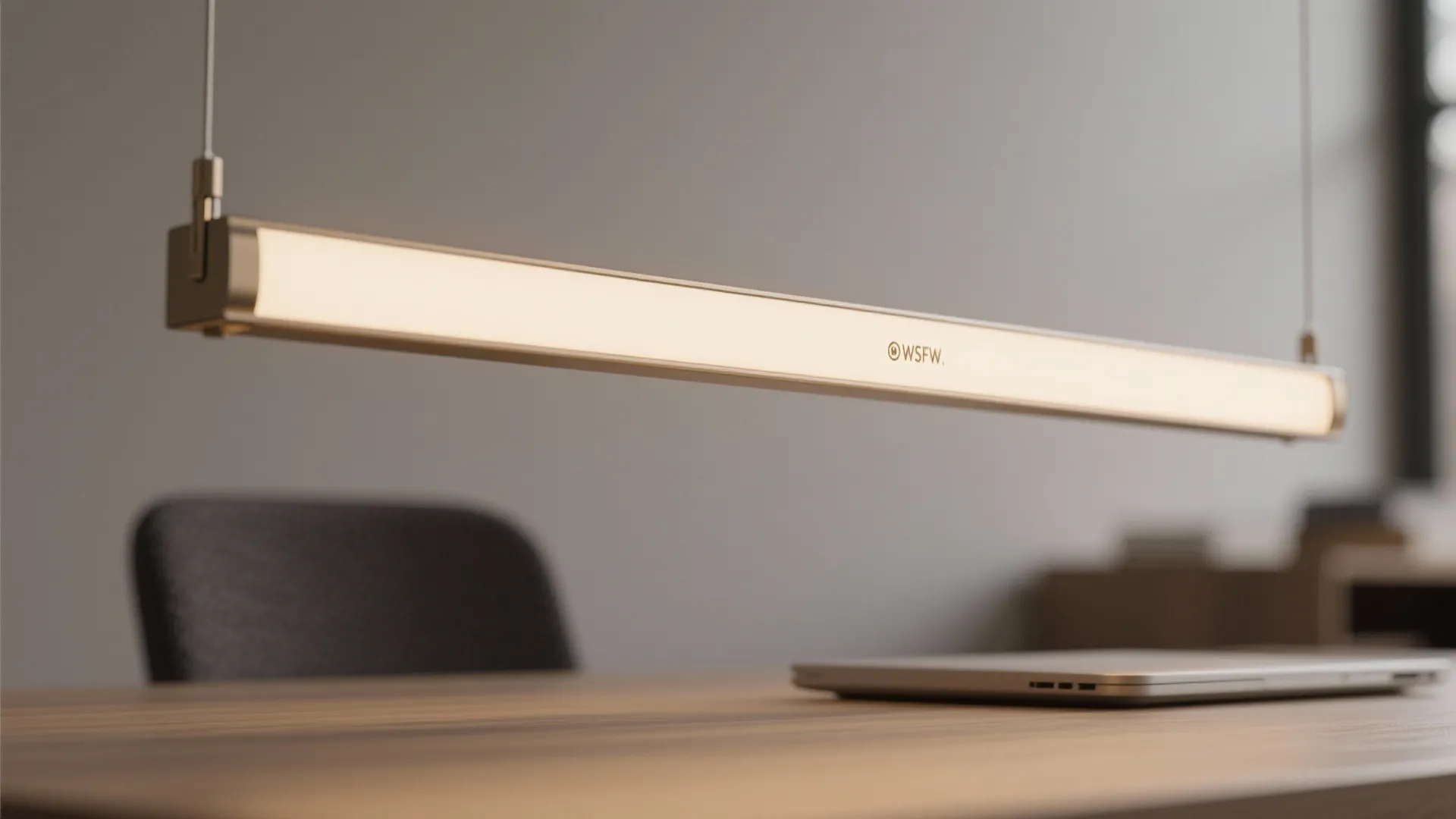 Close up view of a long thin golden ceiling light hanging above a wooden desk