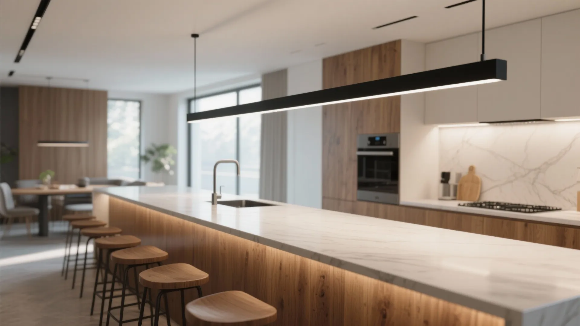 Modern kitchen with white marble island wooden stools black ceiling light and wooden wall cabinets