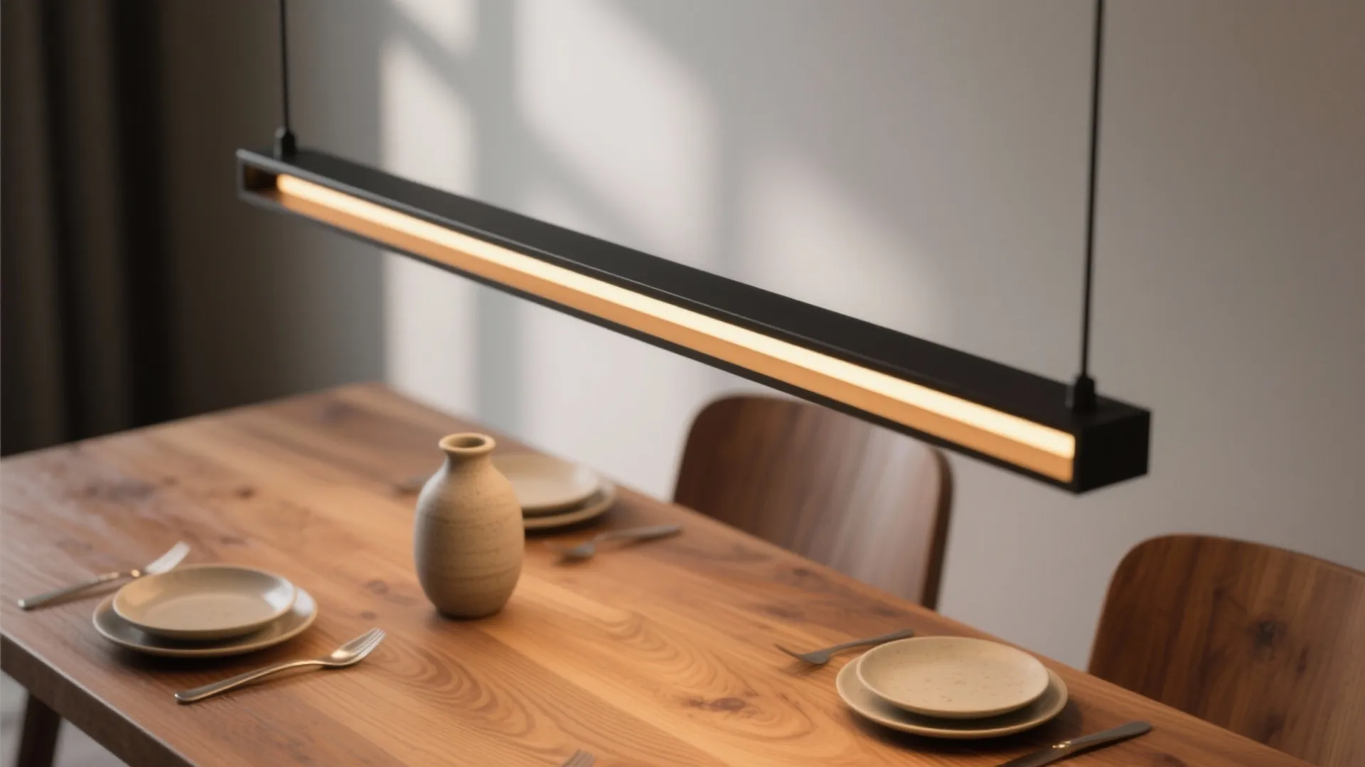 1. Low-hung linear pendant for narrow tables