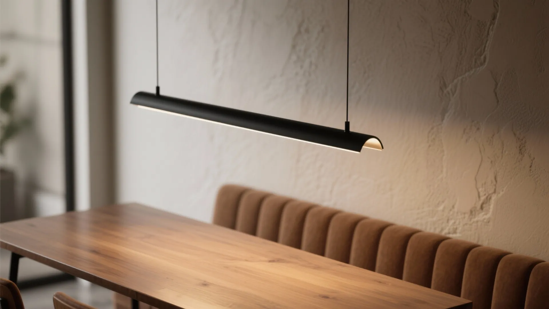 1. Slim linear pendant over a narrow banquet