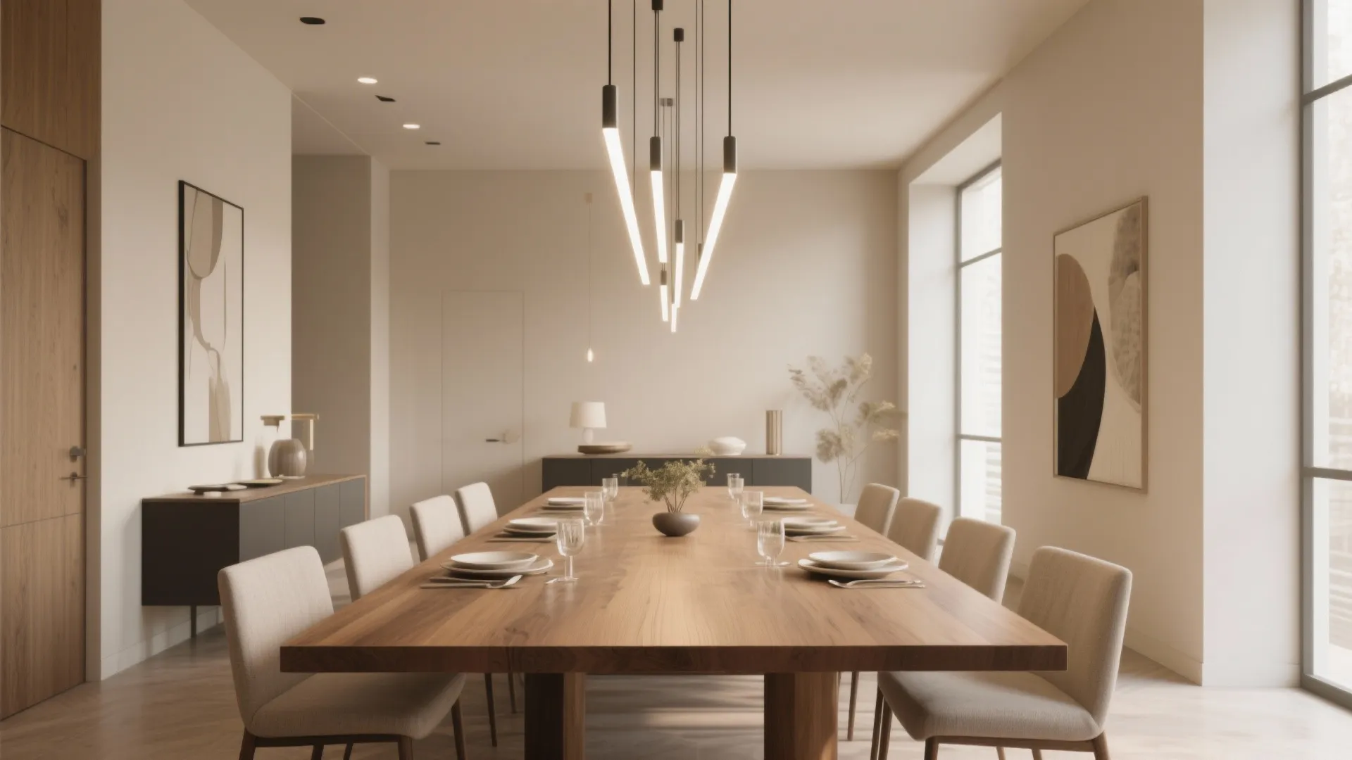 Rectangular dining table lit by linear pendant lights