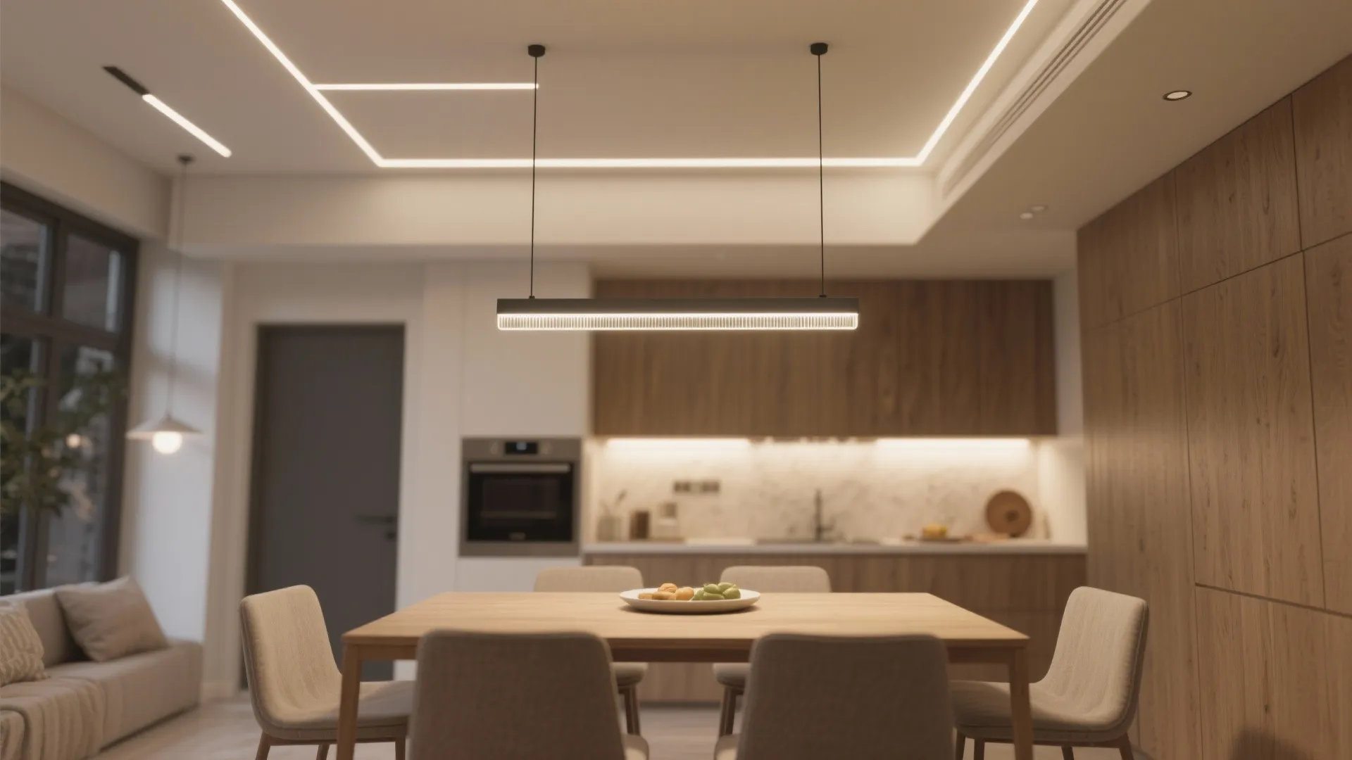4) Linear pendants to define dining and island zones