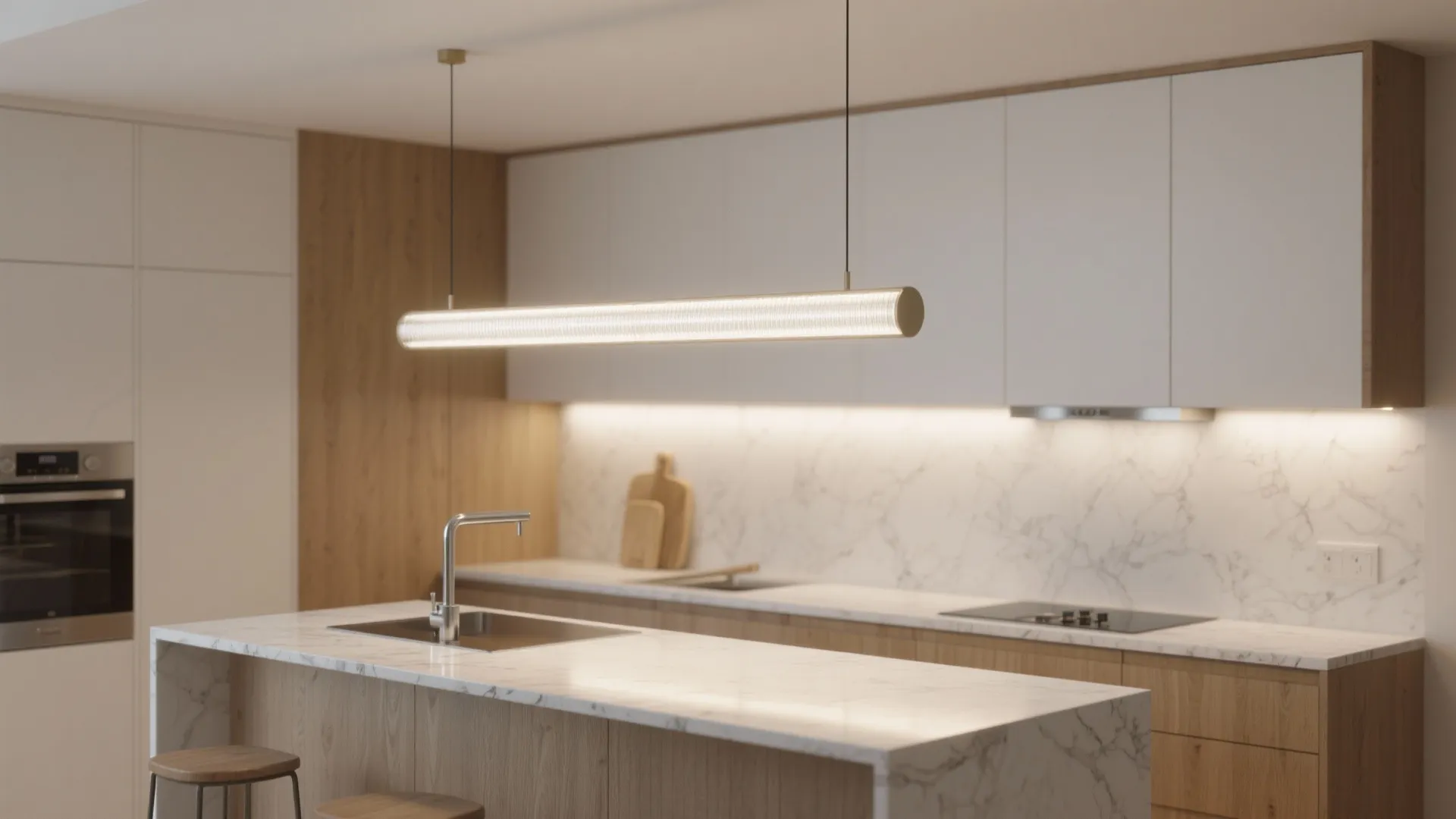 Slender linear pendant centered over a narrow kitchen island providing even task lighting.