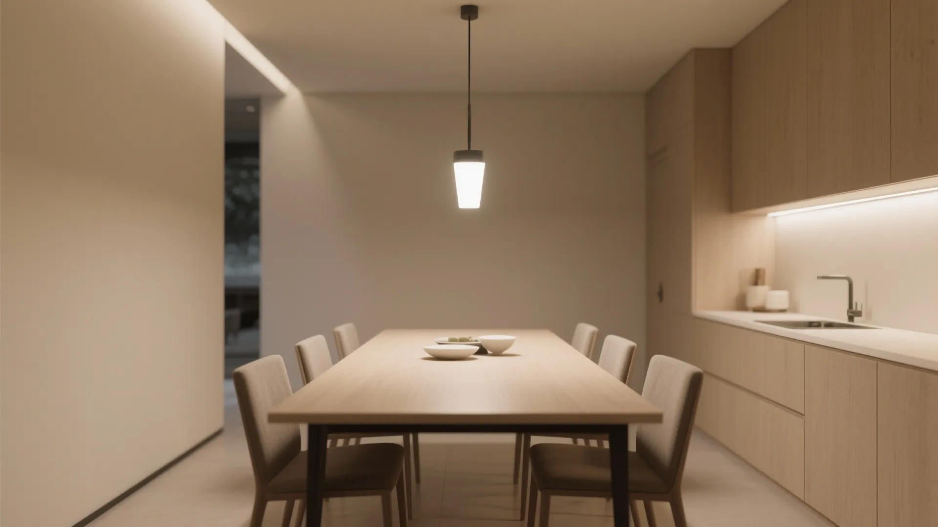 Narrow dining table illuminated by a sleek linear pendant for even lighting
