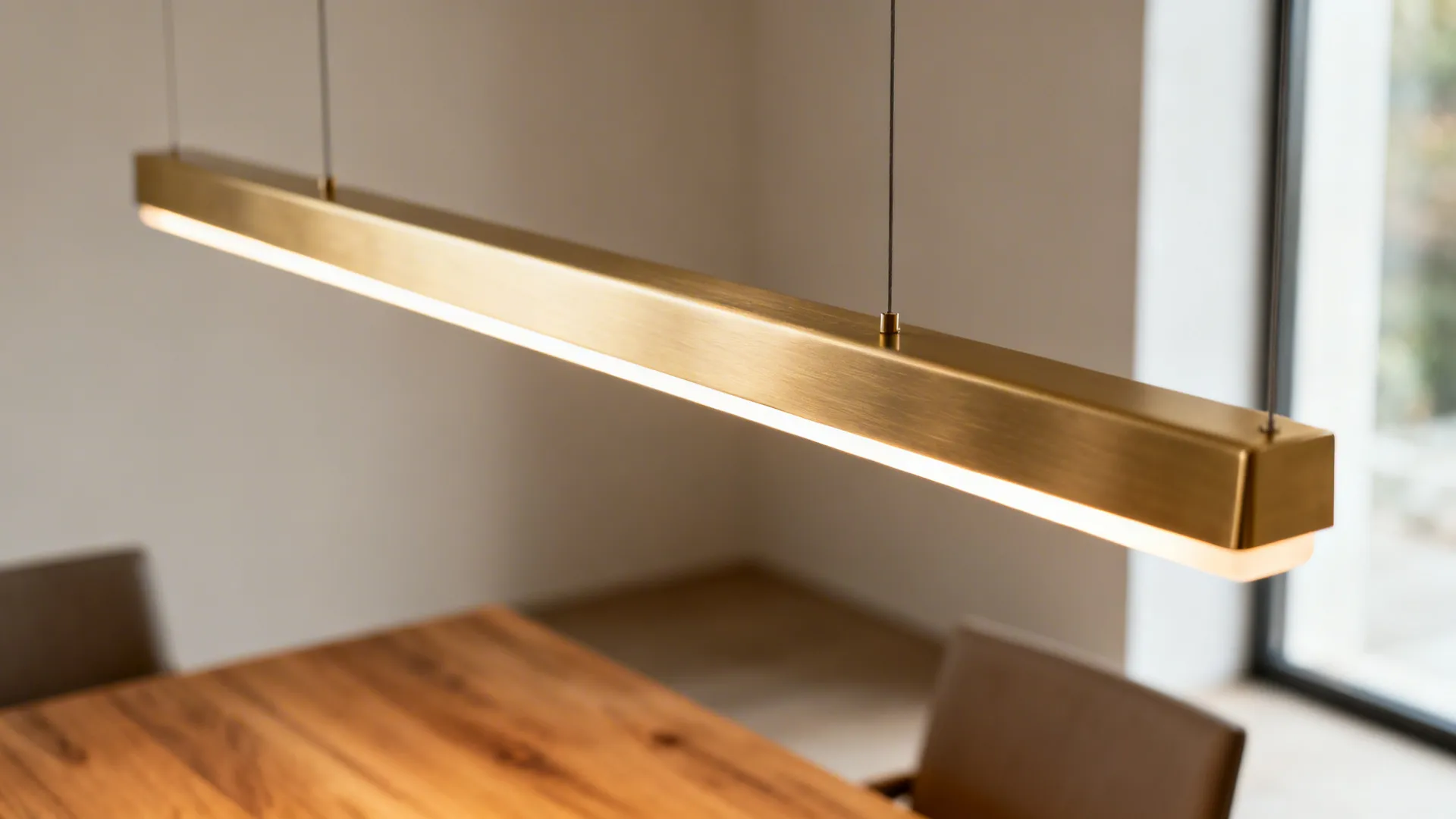Macro of brushed champagne linear pendant casting a warm glow above a dining table.