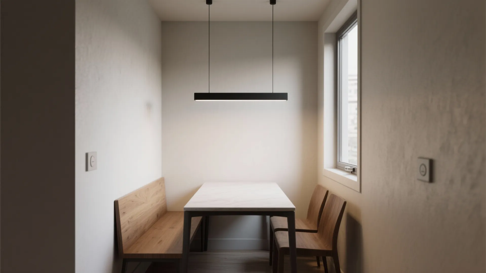 1) Slim linear pendants for narrow tables