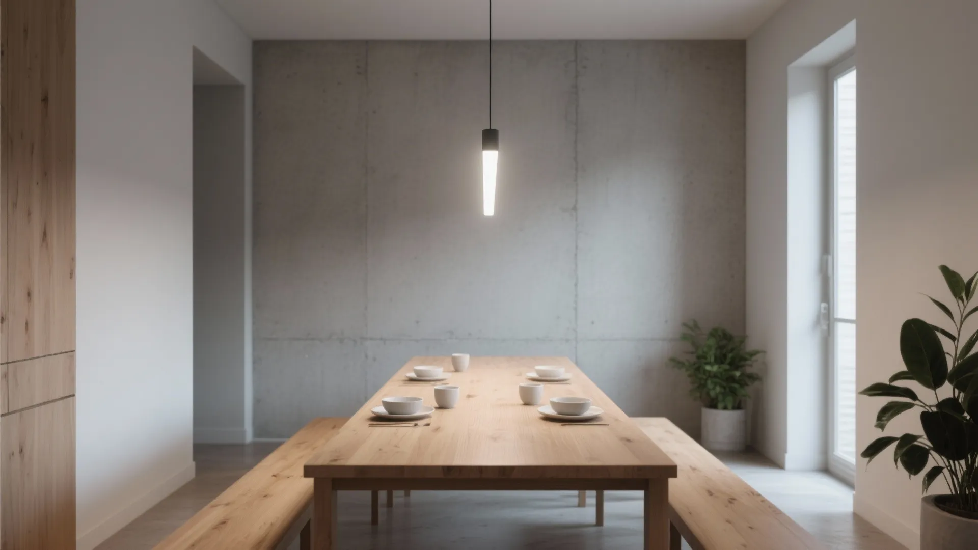 Minimalist dining room with long wooden table wooden benches grey wall and single light fixture