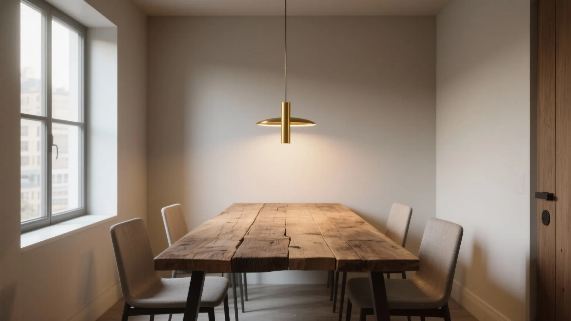 Modern dining room with long wooden table gold ceiling light four grey chairs and window