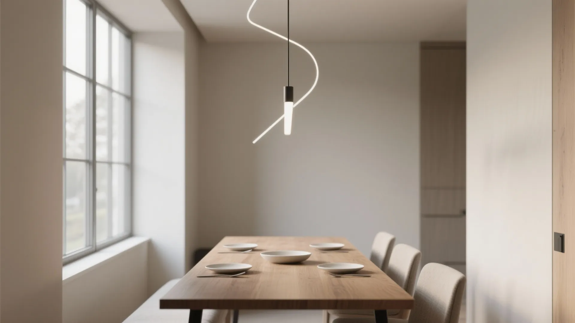Minimalist wooden dining table and chairs with a unique curved white hanging ceiling light fixture