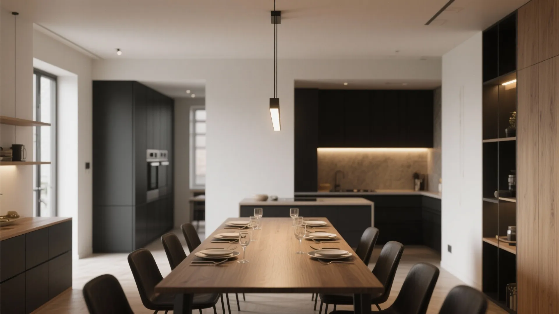 Low-slung linear fixtures for narrow tables