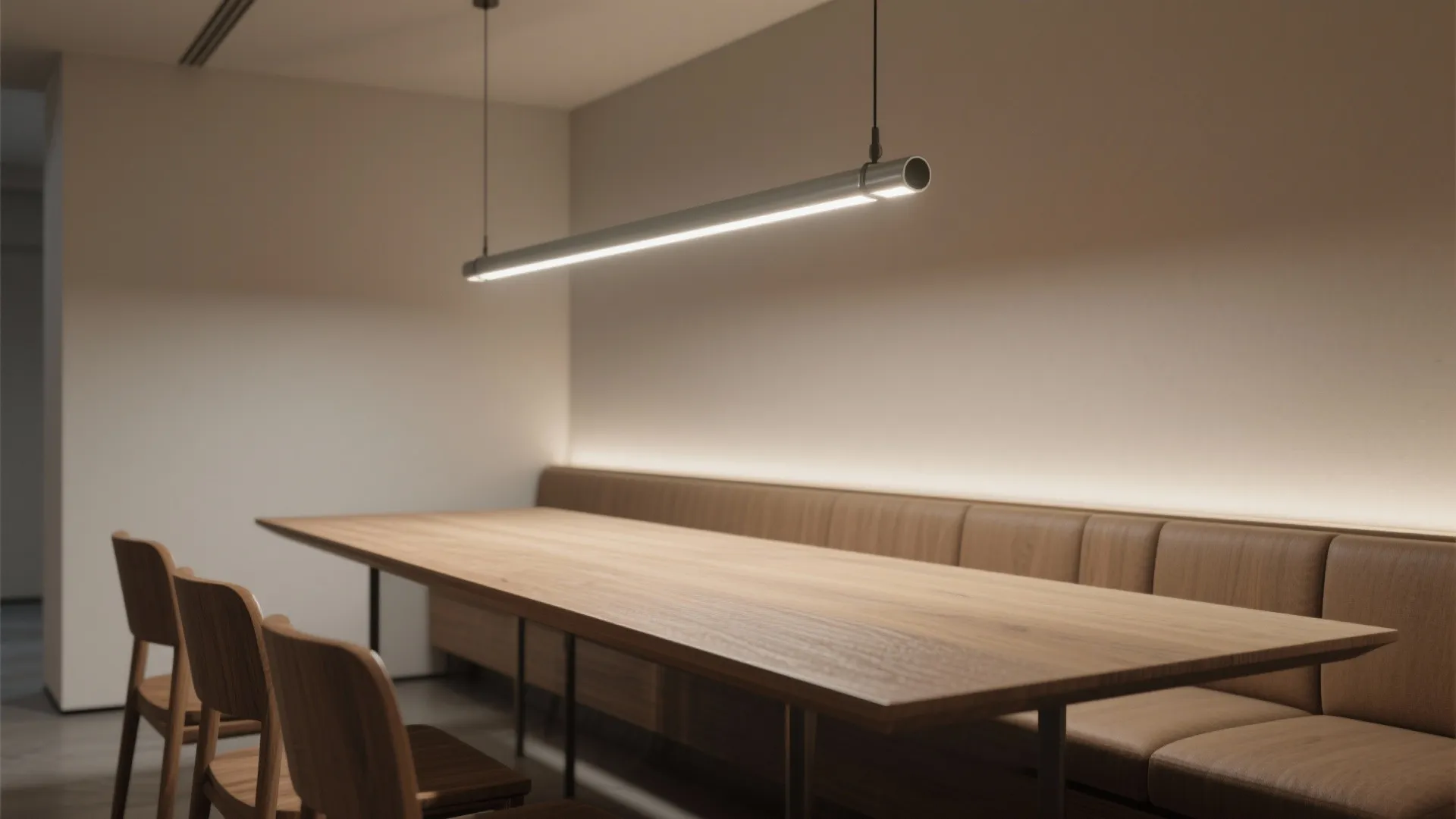 Narrow dining table lit by a slim linear pendant with banquette seating and warm neutral decor.