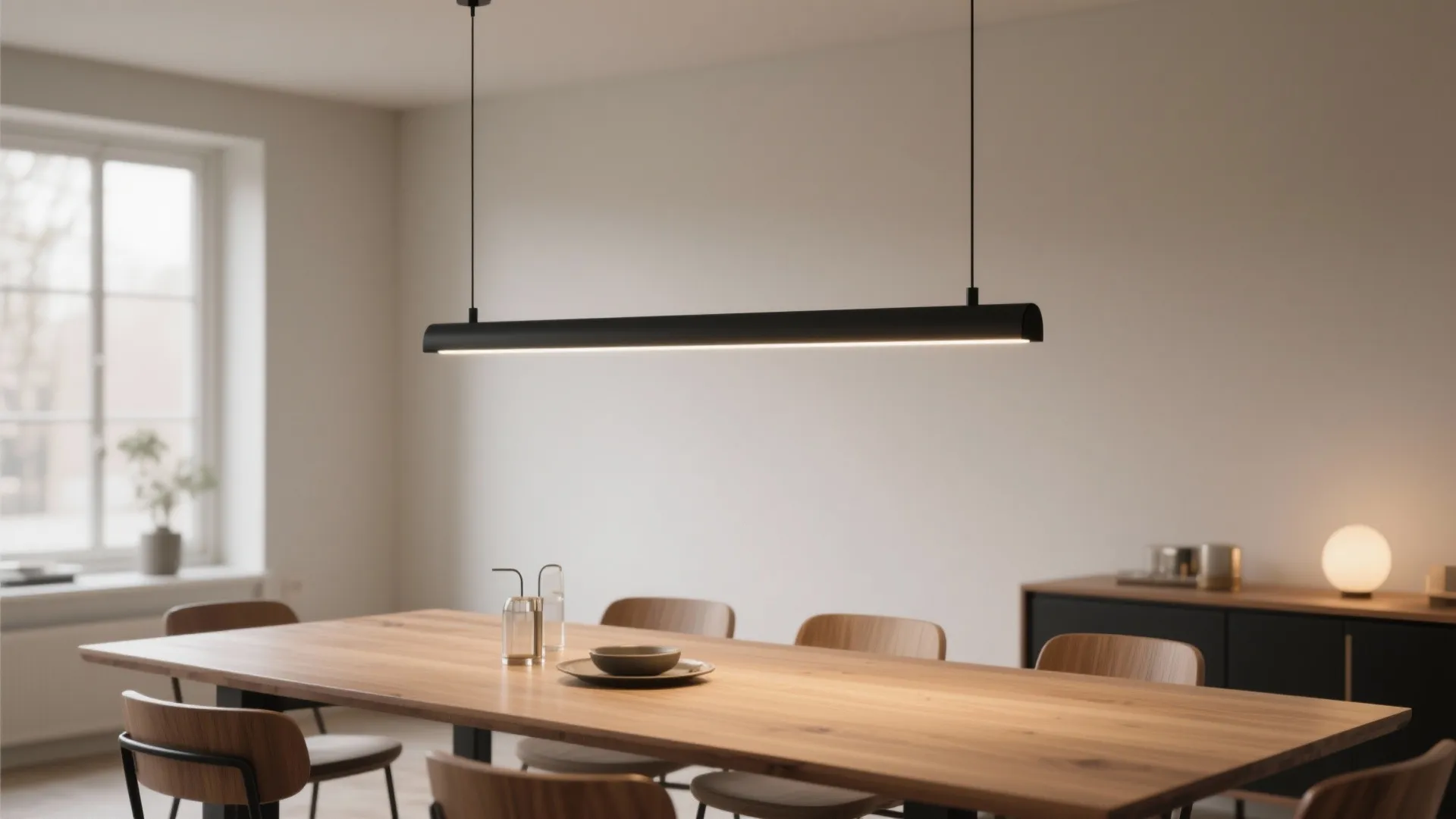 Modern dining room with long black ceiling light over wooden table with chairs and window