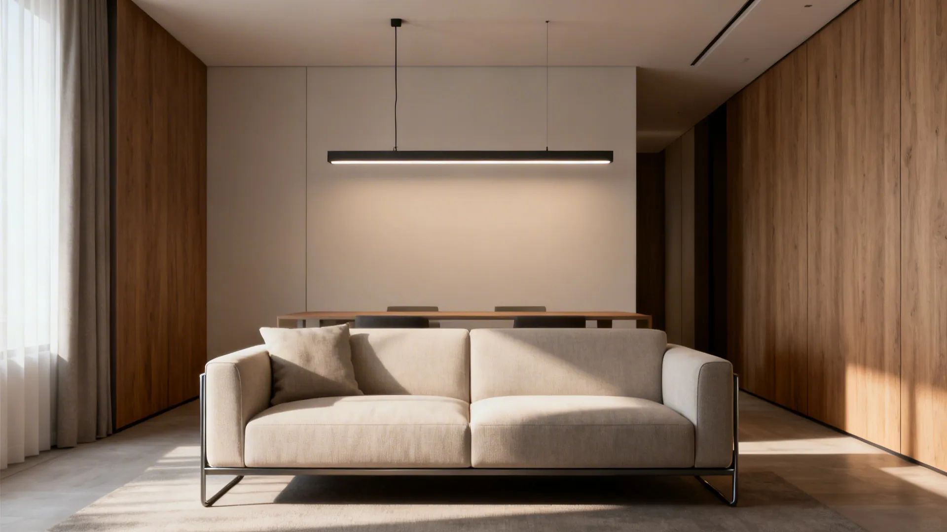 Narrow living room with a low-profile linear pendant hanging above the sofa, providing even task lighting.