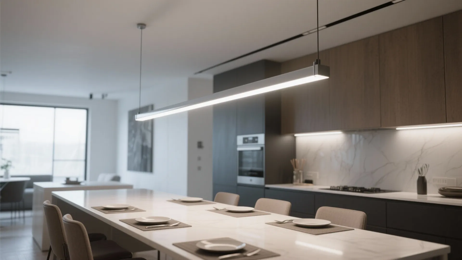 3. Suspended Linear Lights over rectangular tables