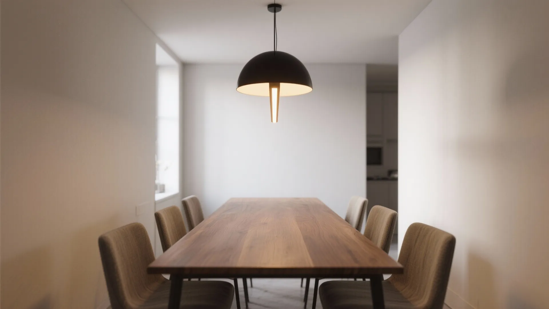 Wooden dining table surrounded by grey chairs under a large black ceiling light in room