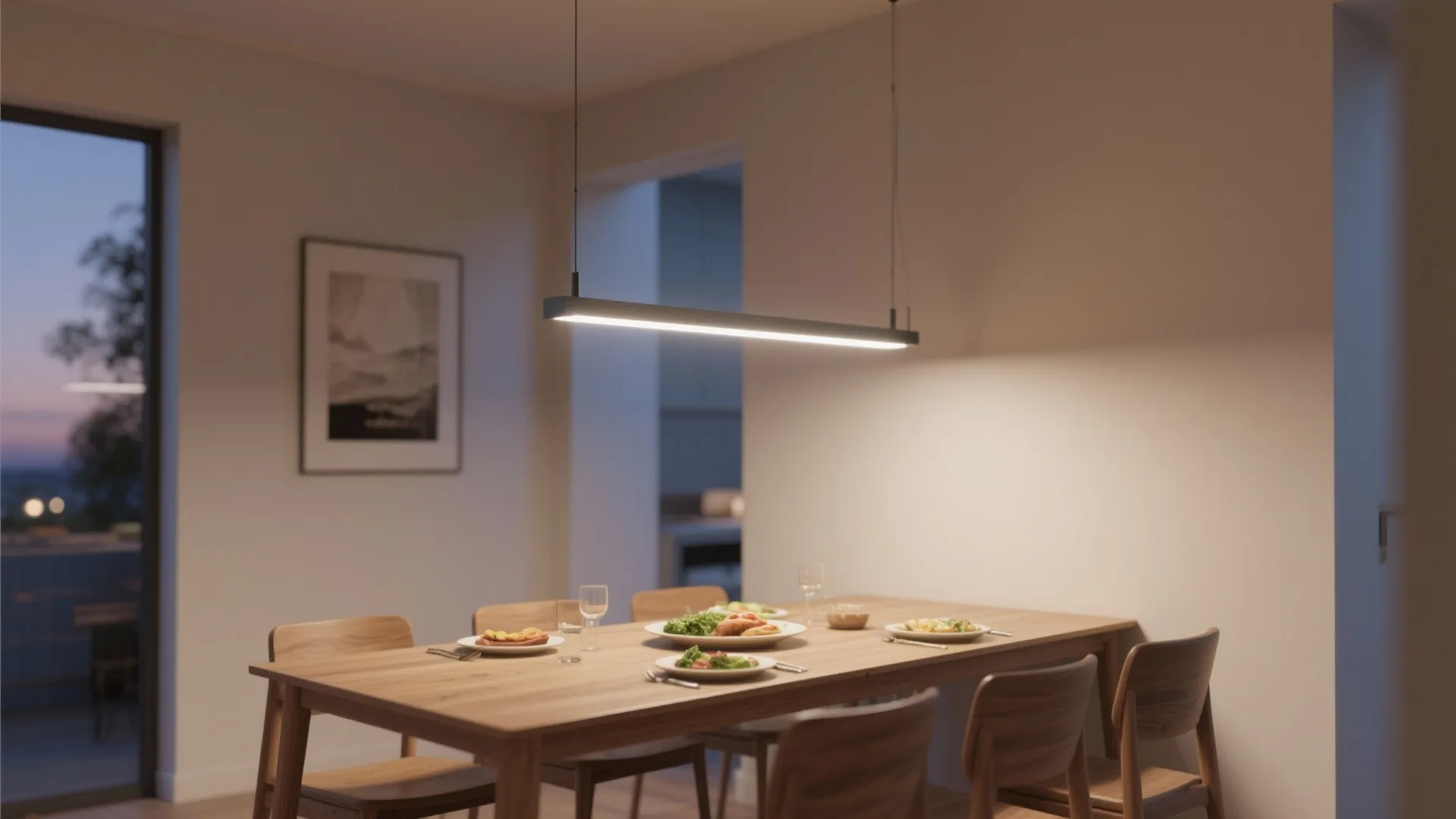 Slim linear pendants over rectangular tables