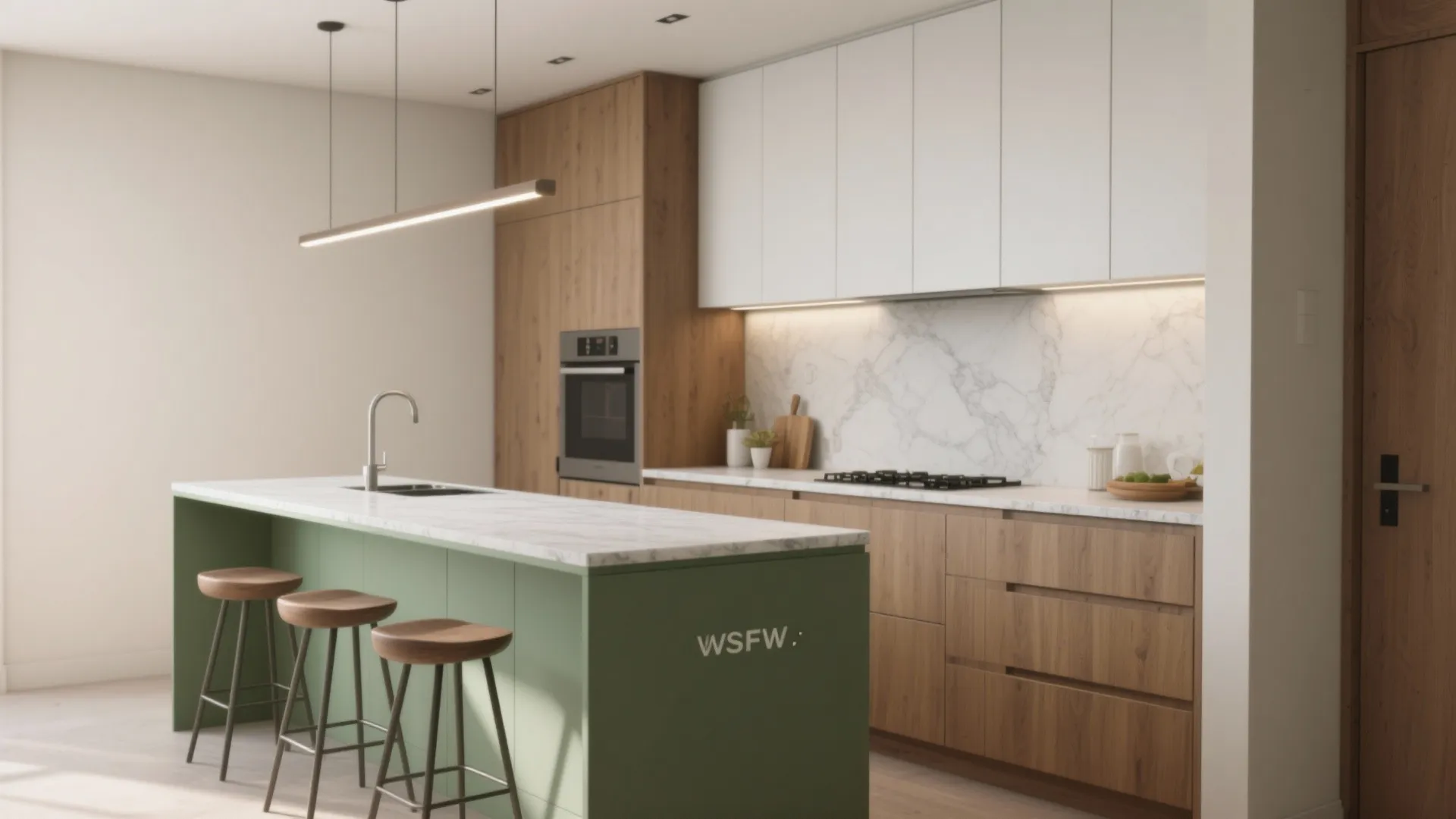 Green kitchen island with marble countertop wooden bar stools wood cabinets and linear ceiling light