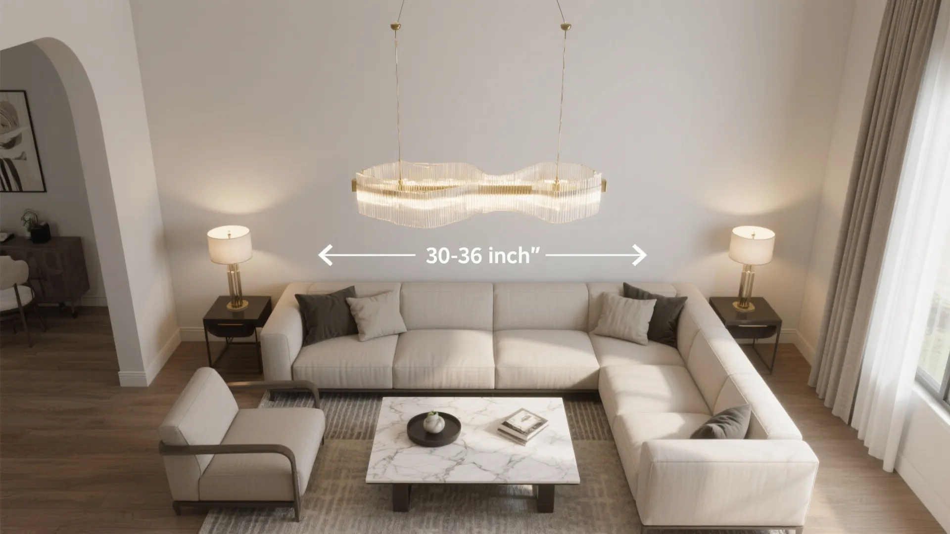 Statement linear chandelier over coffee table