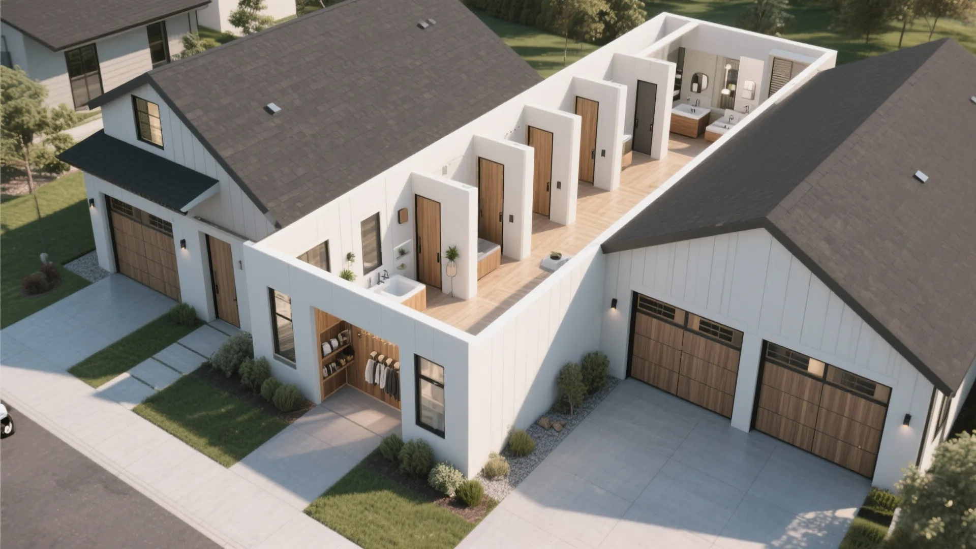 Efficient linear layout with rooms in a row and garage adjacent connected by a mudroom.