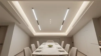 Modern Dining Room with Sleek Lighting and Marble Table