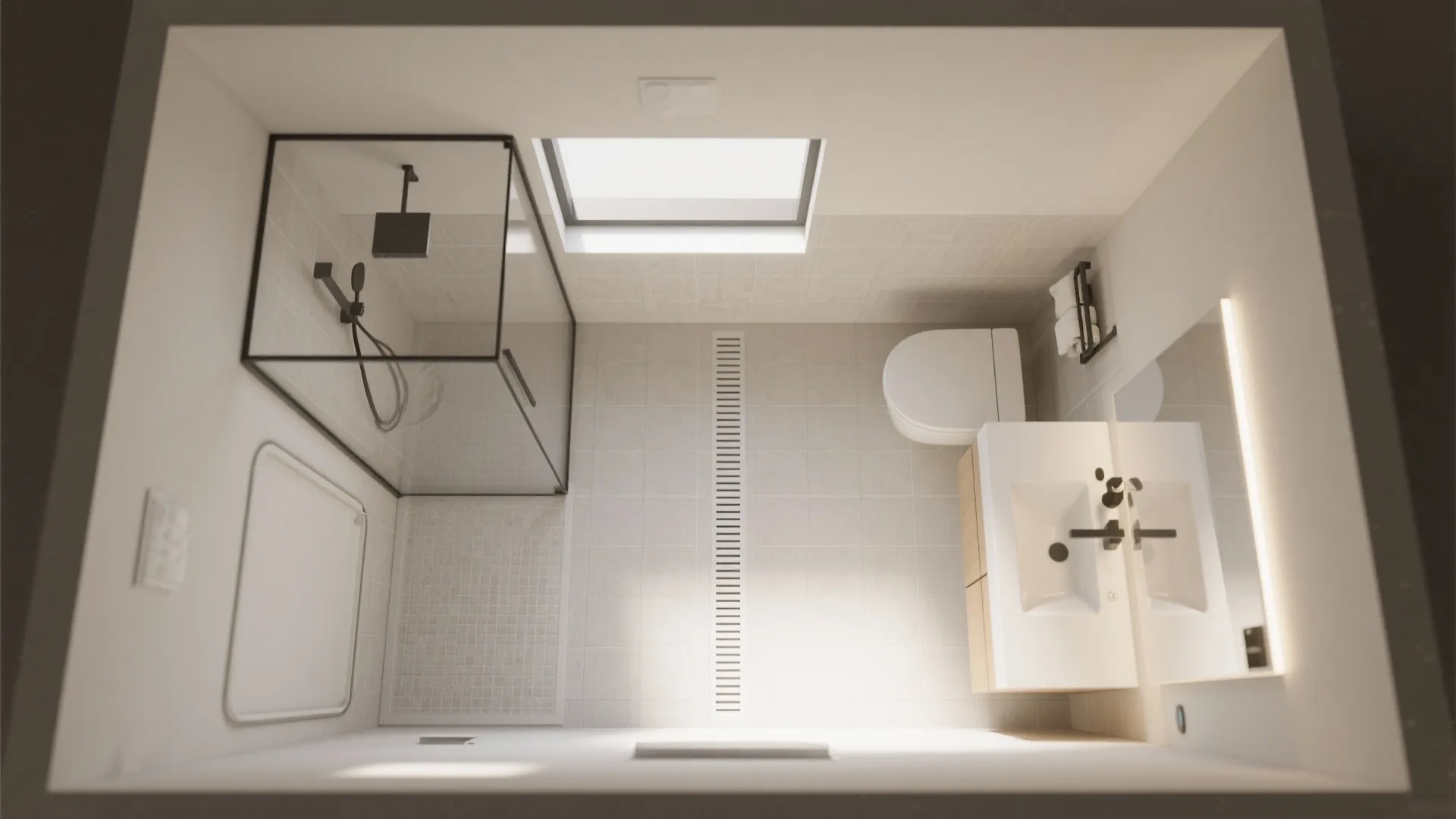 Top-down view of a rectangular bathroom with linear walk-in shower, toilet, and vanity aligned.
