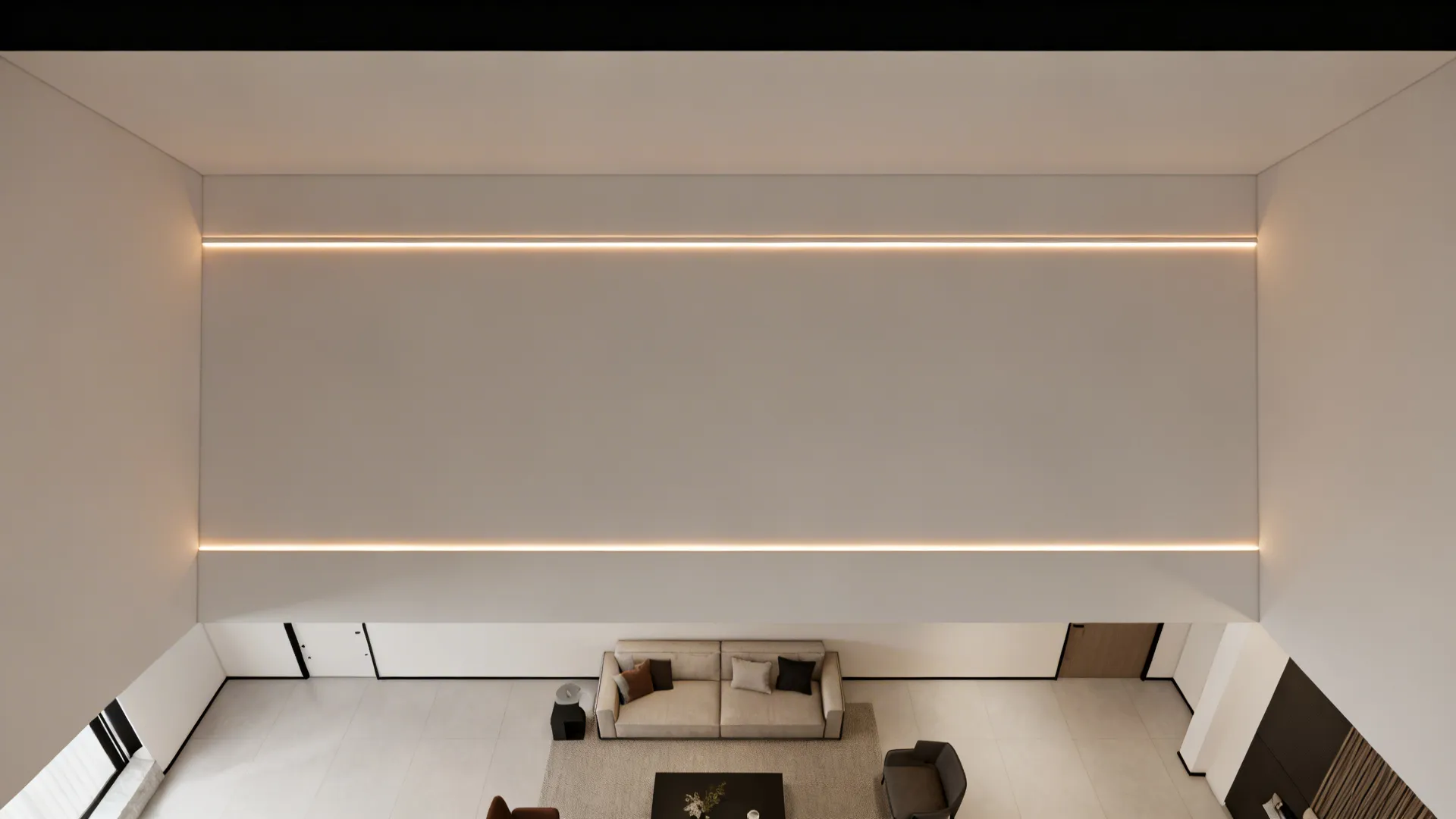 Top-down ceiling plan view showing parallel linear light channels in a living room.
