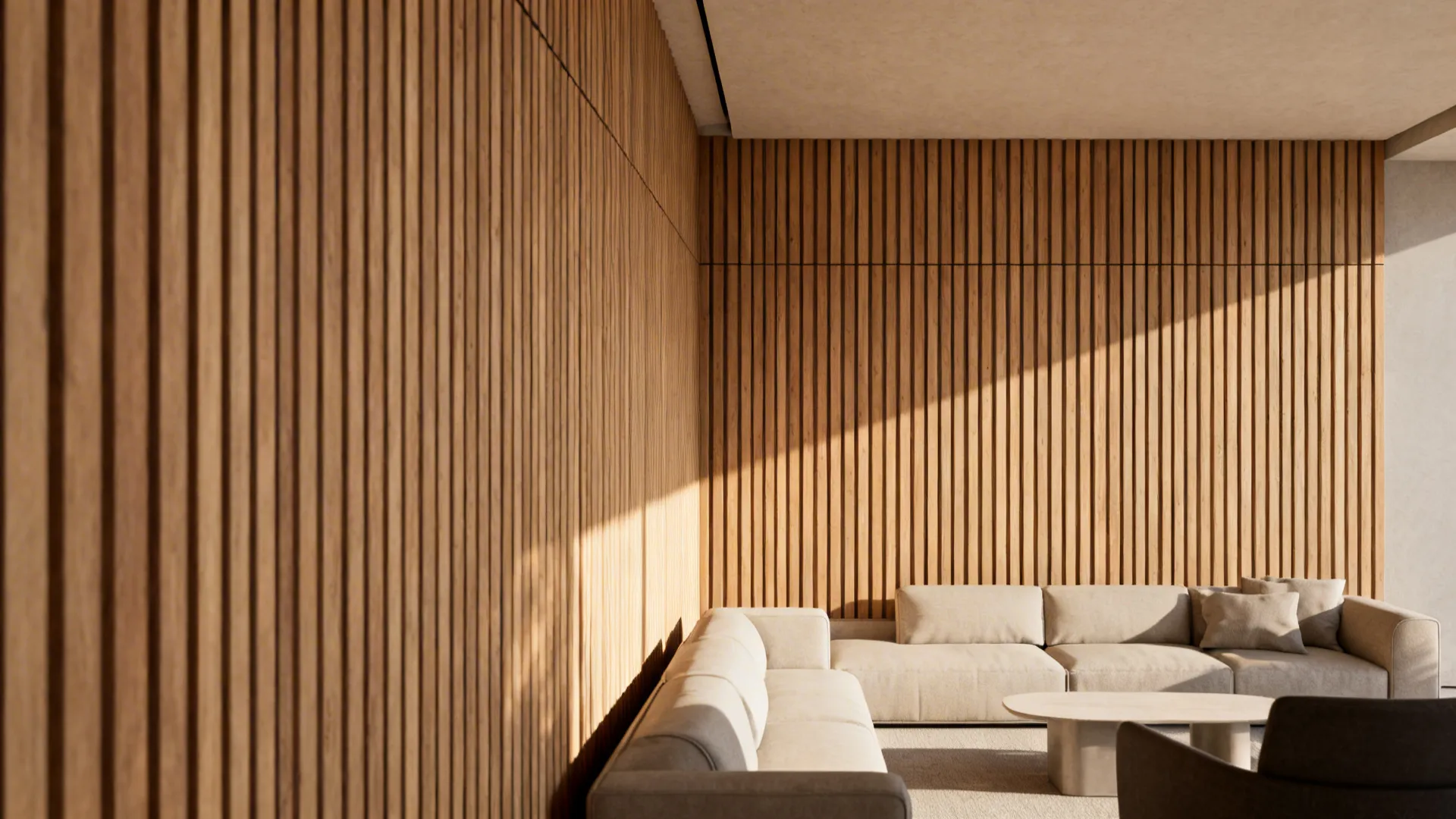 Living room with linear tongue-and-groove wooden ceiling running lengthwise to elongate the room.