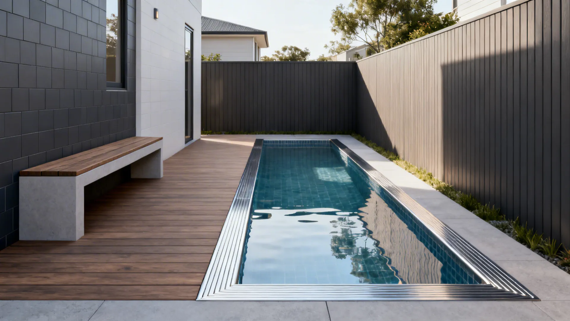 Narrow plunge pool hugging a fence with built-in bench seating and composite decking.