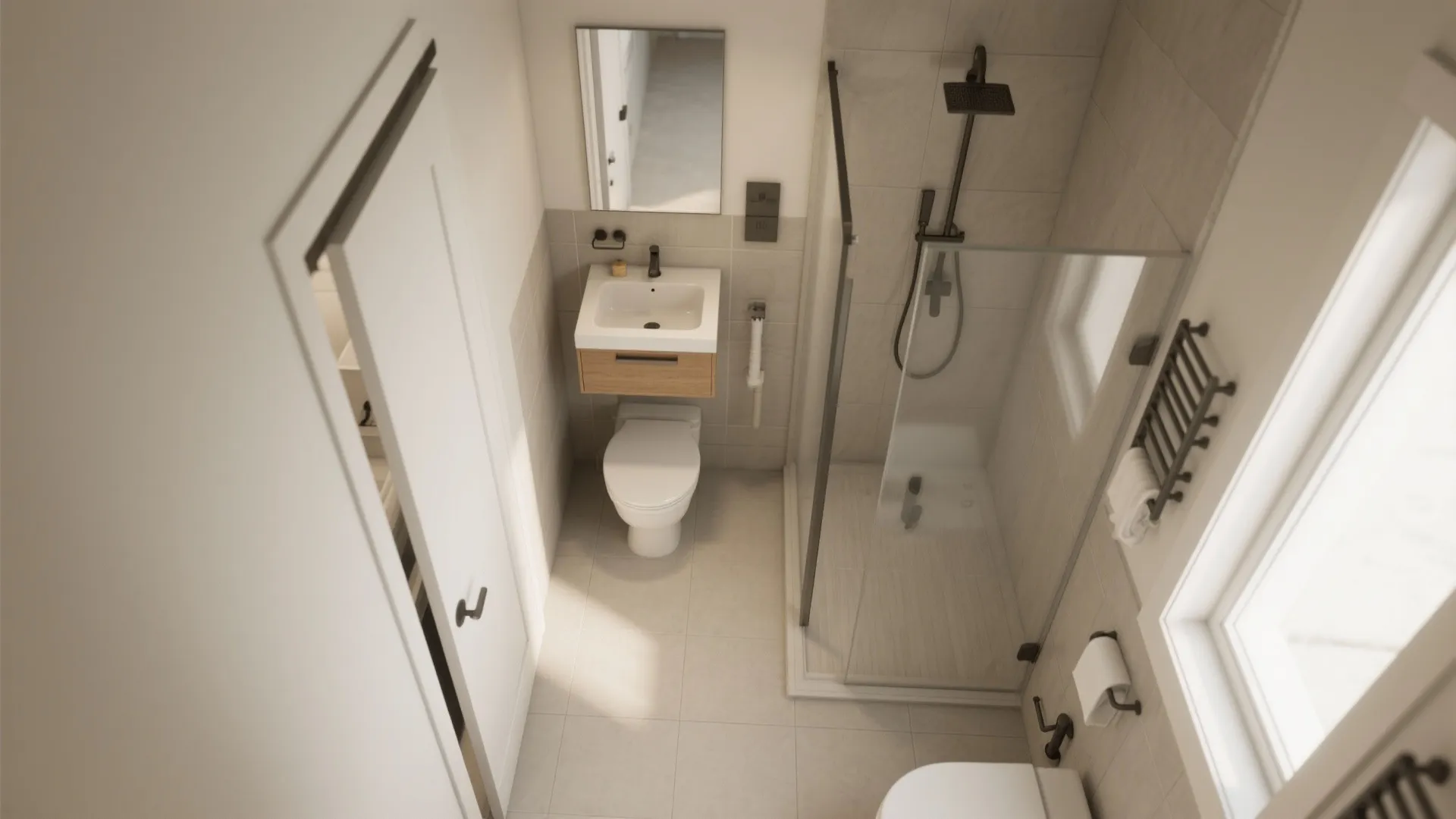 Top-down view of a narrow linear bathroom layout with a pocket door, compact fixture arrangement.