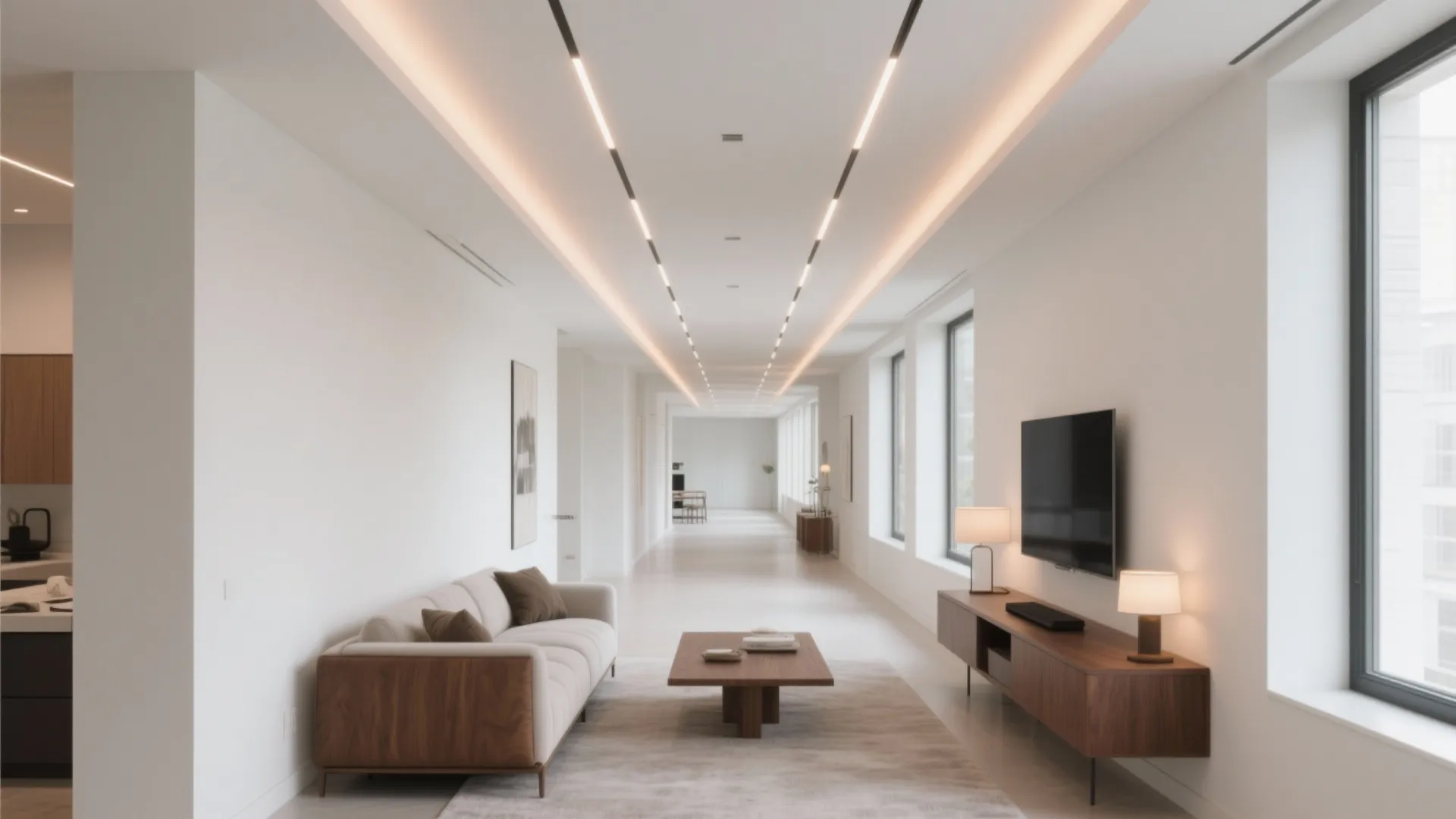 Modern minimal living room with white walls wood furniture sofa television and long ceiling light