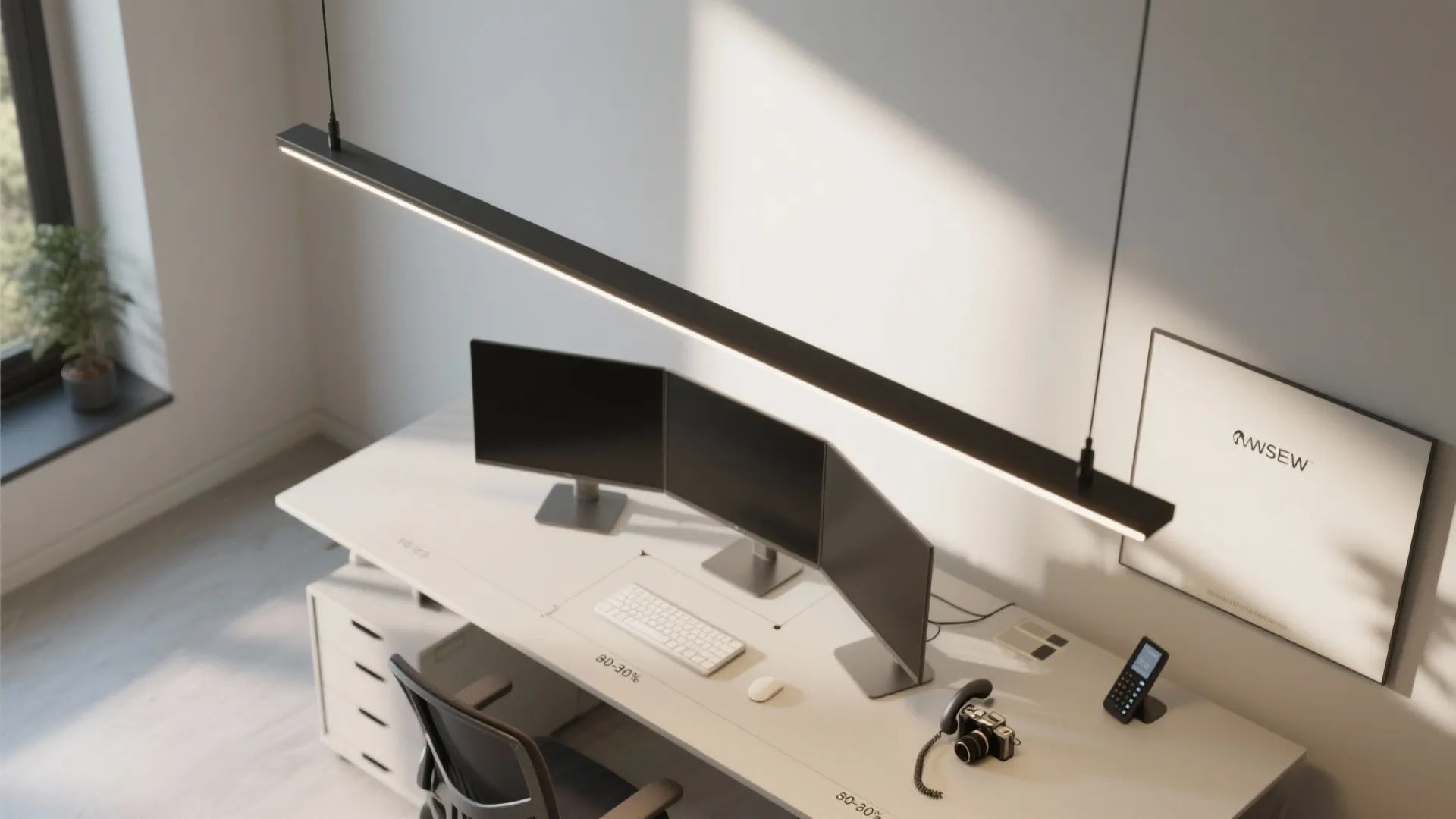 Modern white desk with triple monitor setup and long black linear ceiling light for home office