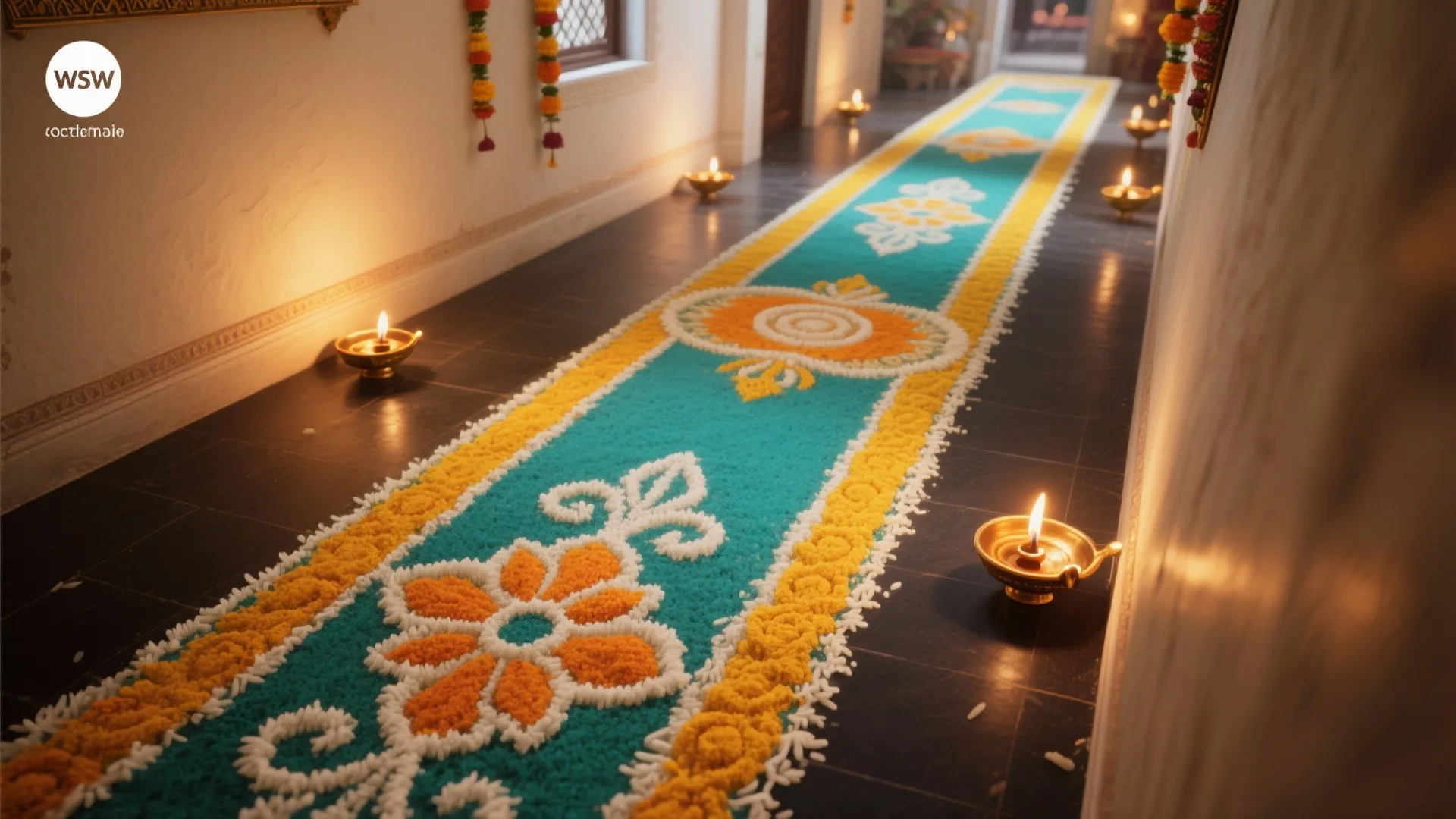 Colorful floral floor pattern in a long hallway with small glowing oil lamps along walls