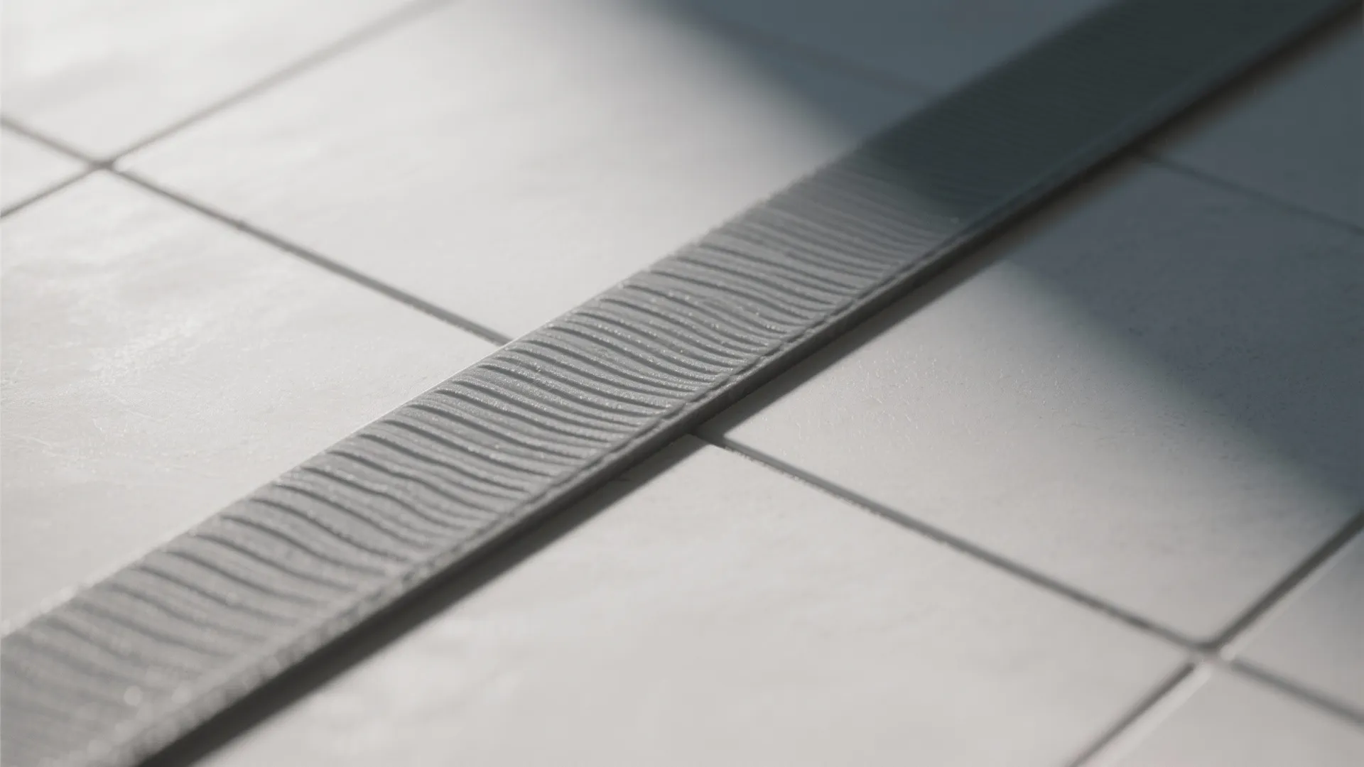 Close up of a grey textured metal floor strip placed on white square ceramic tiles