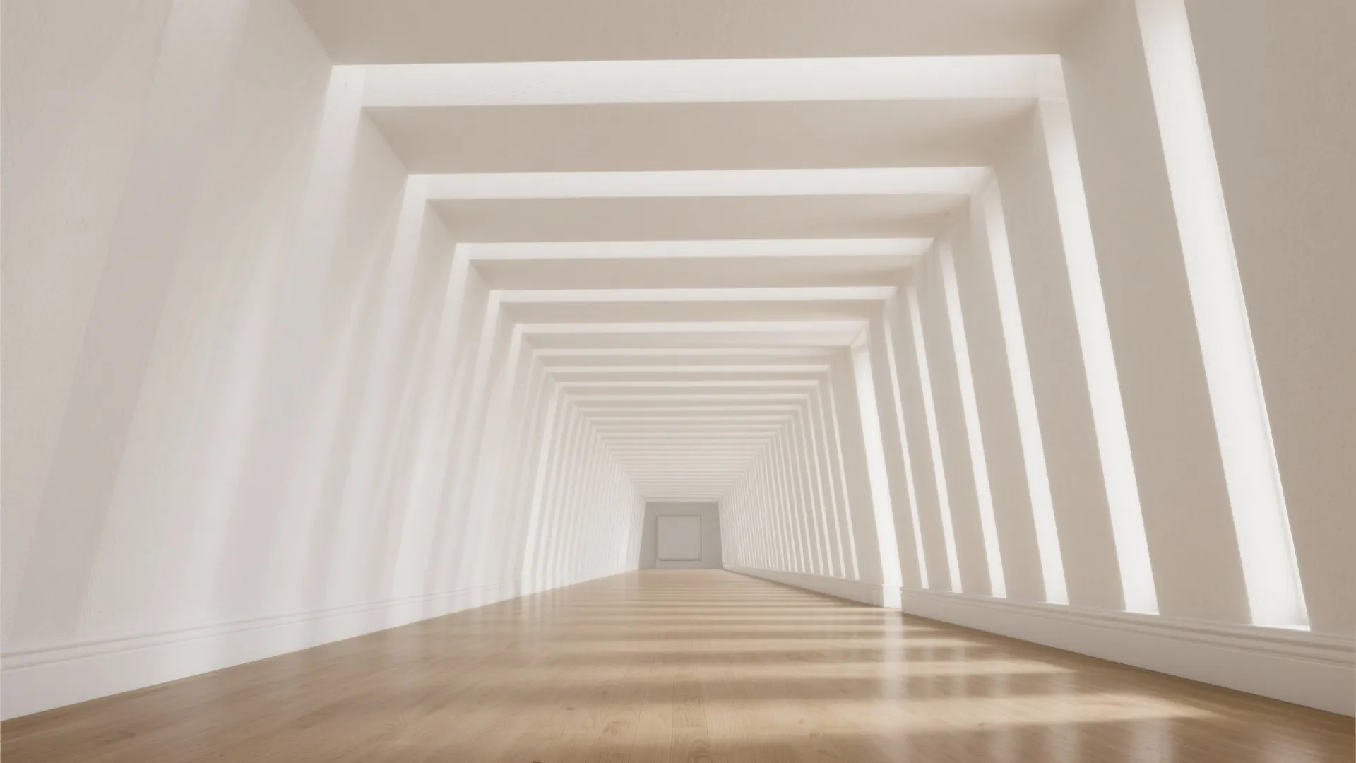 Minimalist white hallway with abstract geometric wall panels light wood flooring and bright natural sunlight