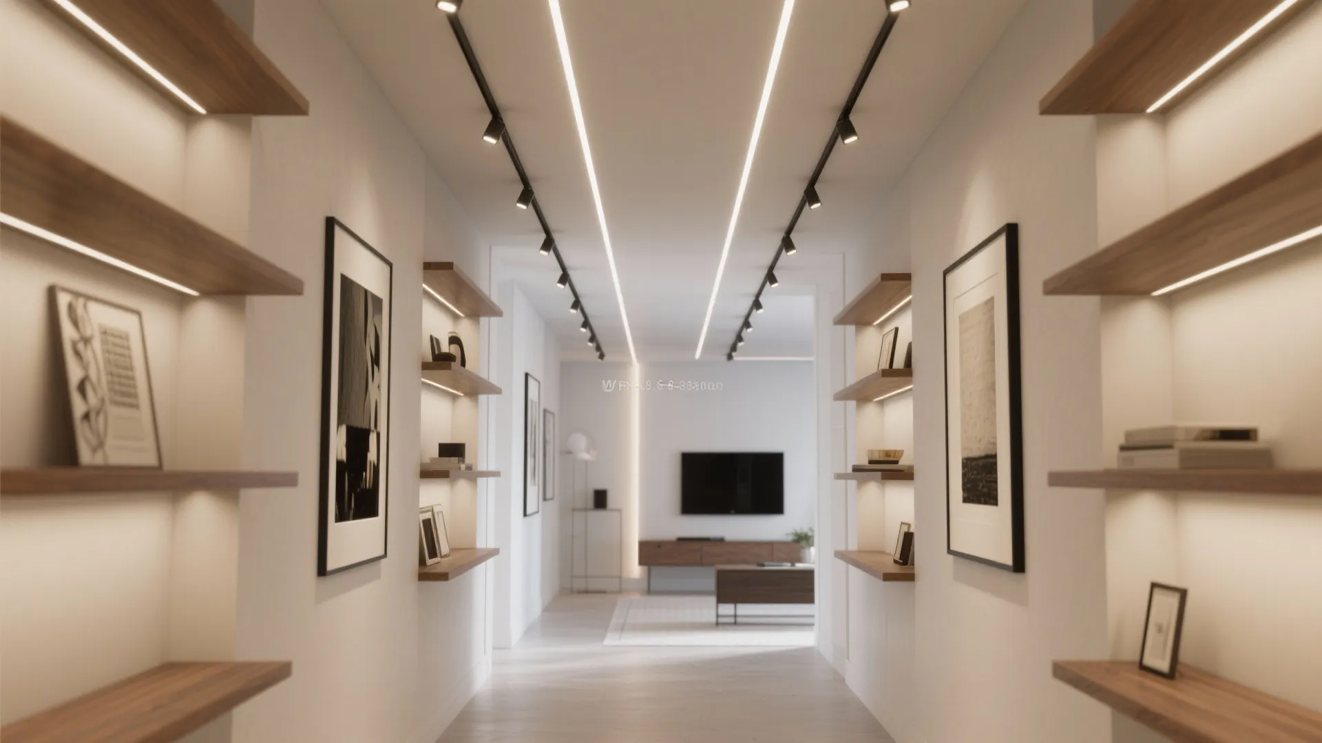 Modern hallway with wooden wall shelves black picture frames track lighting and a distant television
